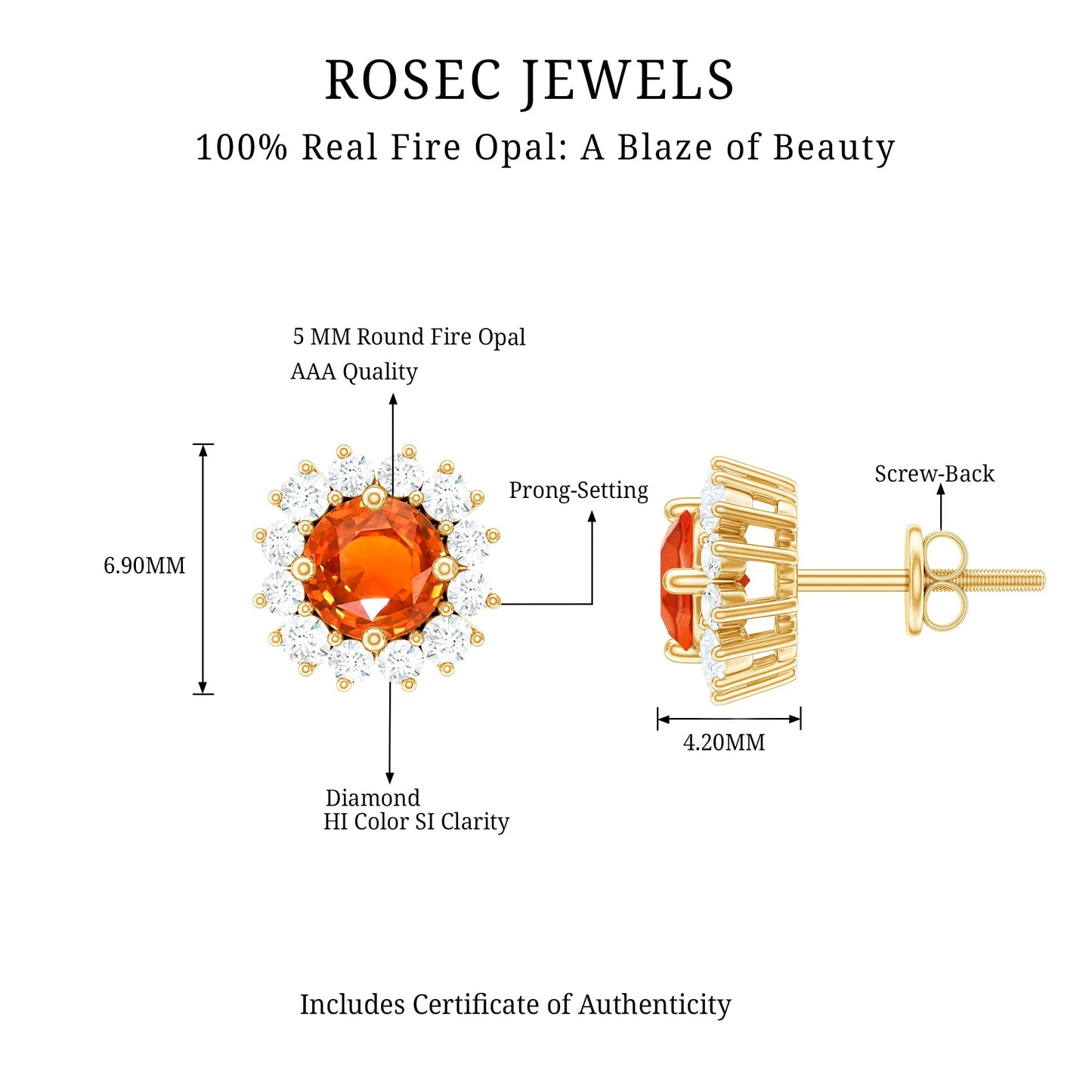 Natural Fire Opal Stud Earrings with Diamond Halo