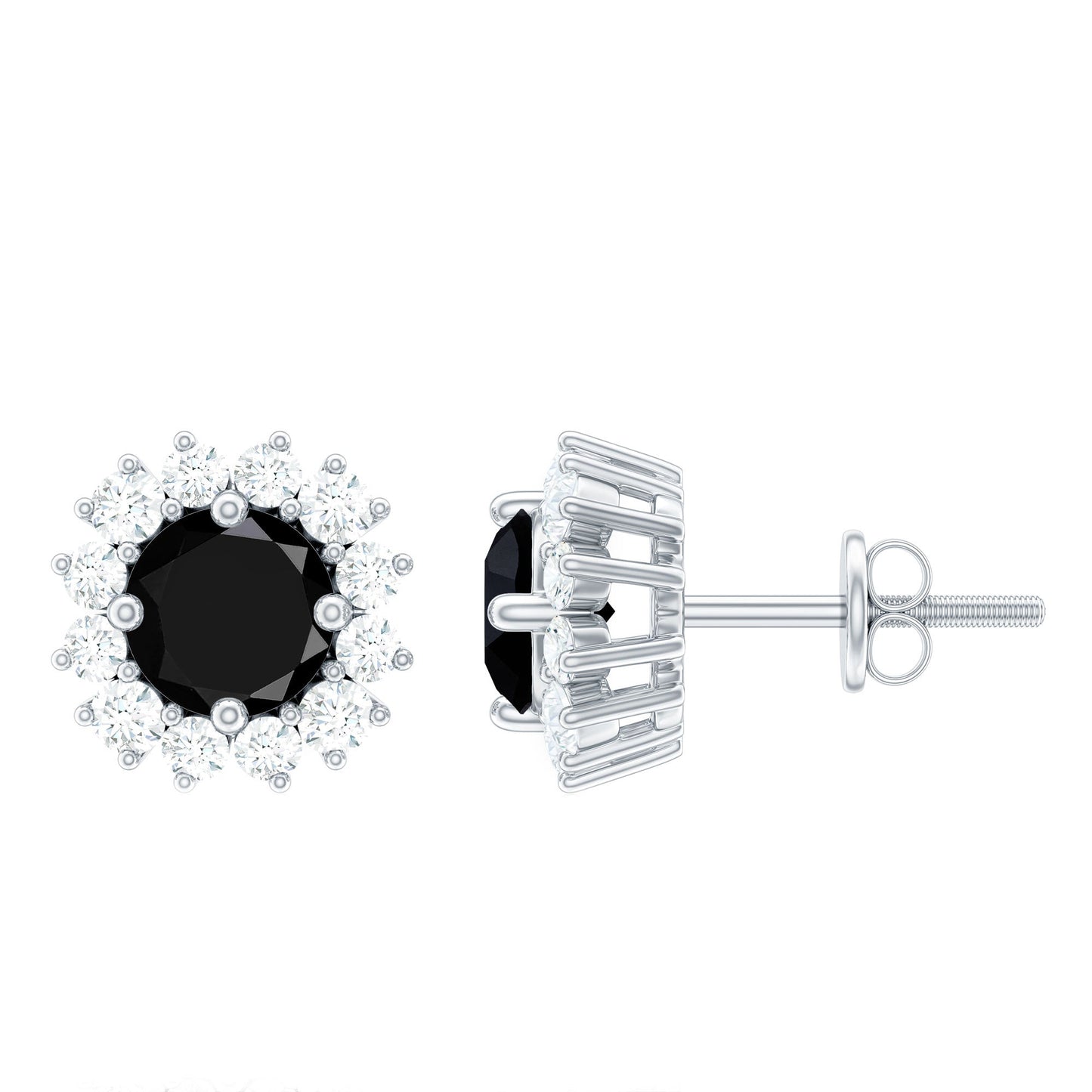 Certified Natural Black Onyx Stud Earrings with Diamond Halo