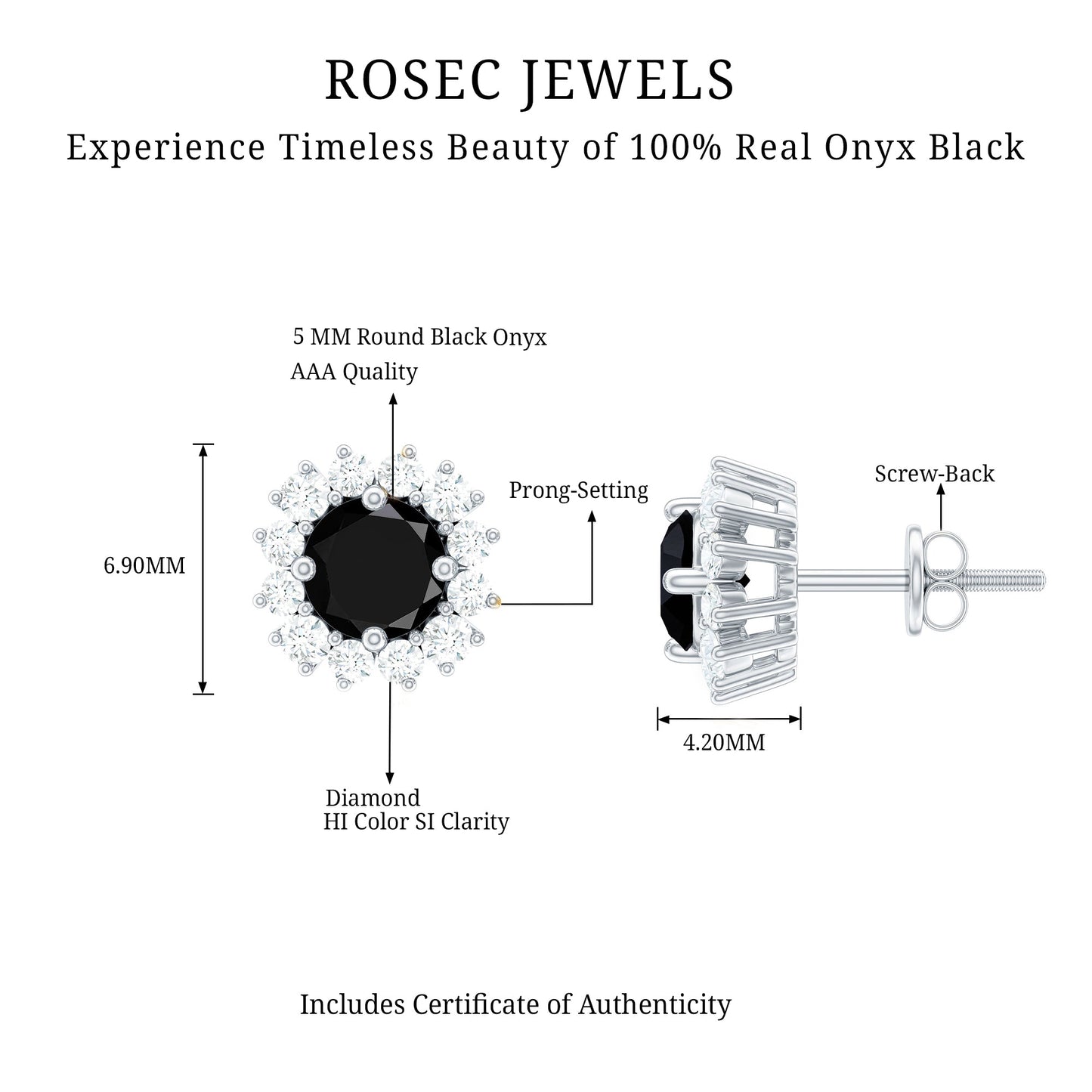 Certified Natural Black Onyx Stud Earrings with Diamond Halo