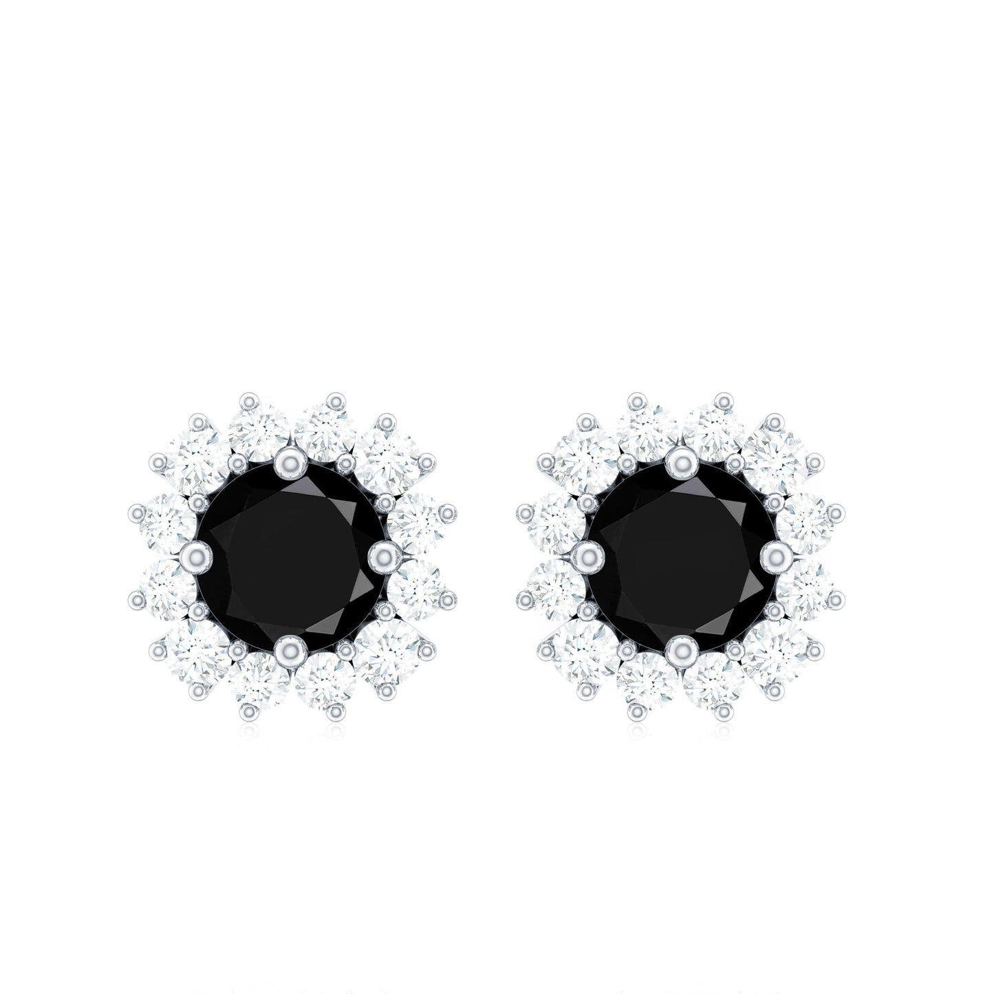 Certified Natural Black Onyx Stud Earrings with Diamond Halo