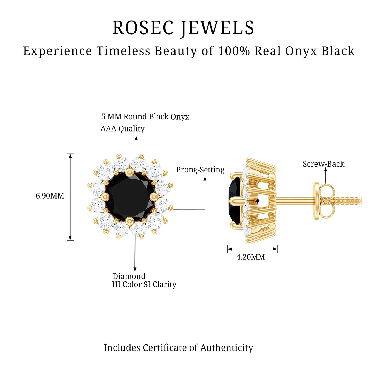 Certified Natural Black Onyx Stud Earrings with Diamond Halo