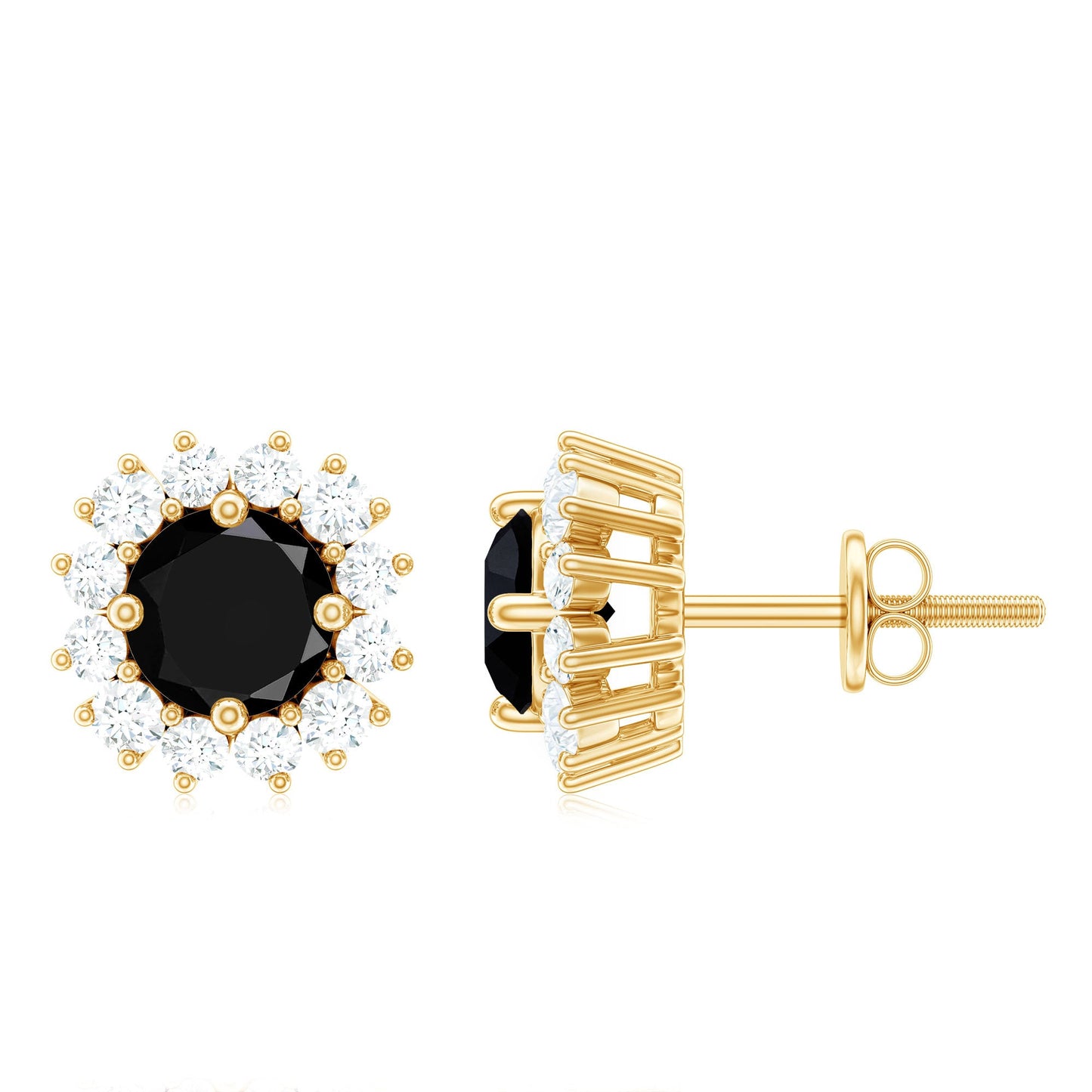 Certified Natural Black Onyx Stud Earrings with Diamond Halo