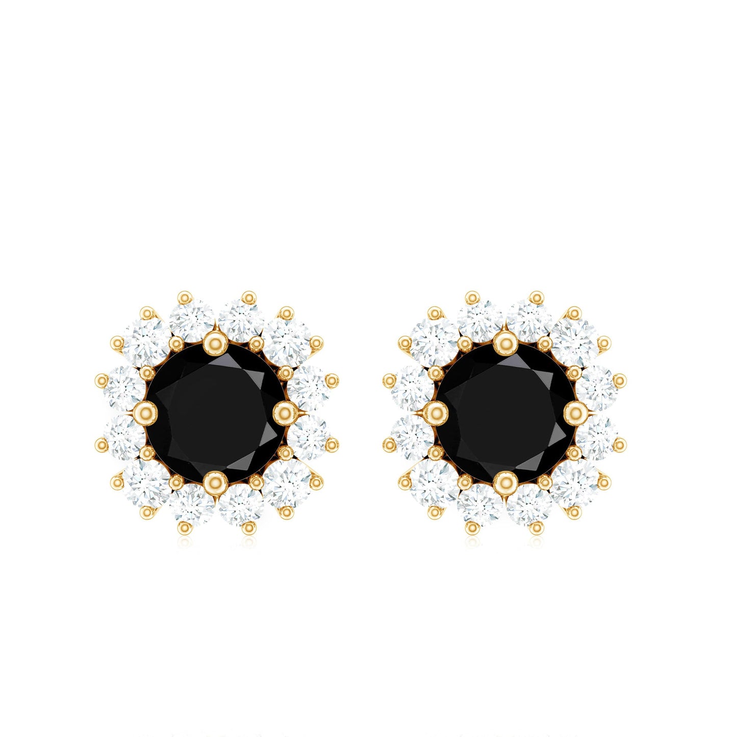 Certified Natural Black Onyx Stud Earrings with Diamond Halo