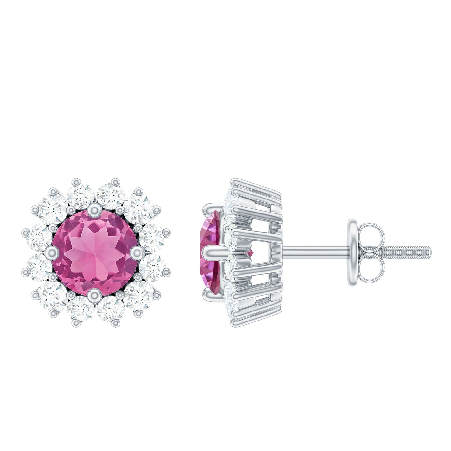 Genuine Pink Tourmaline and Diamond Halo Stud Earrings