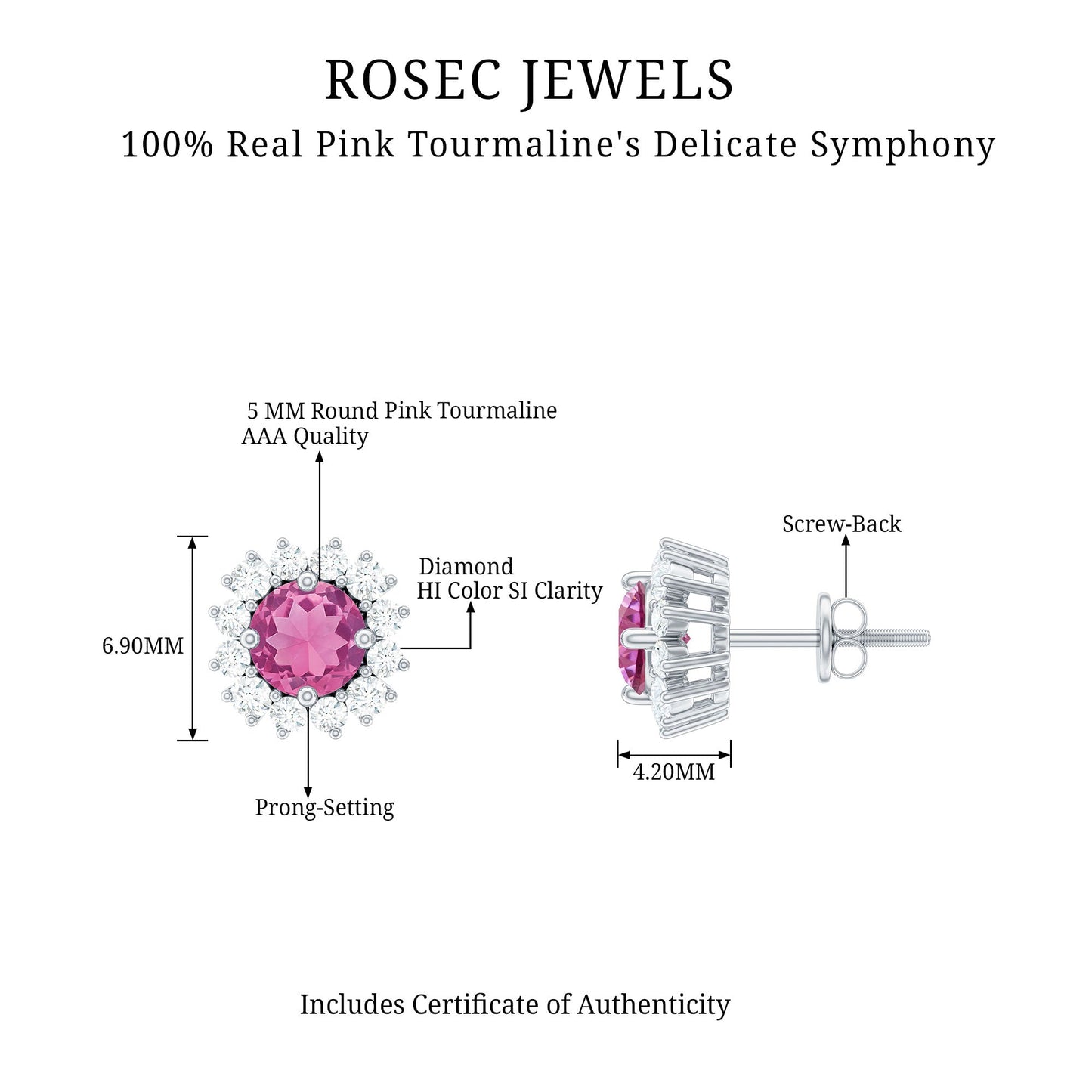 Genuine Pink Tourmaline and Diamond Halo Stud Earrings