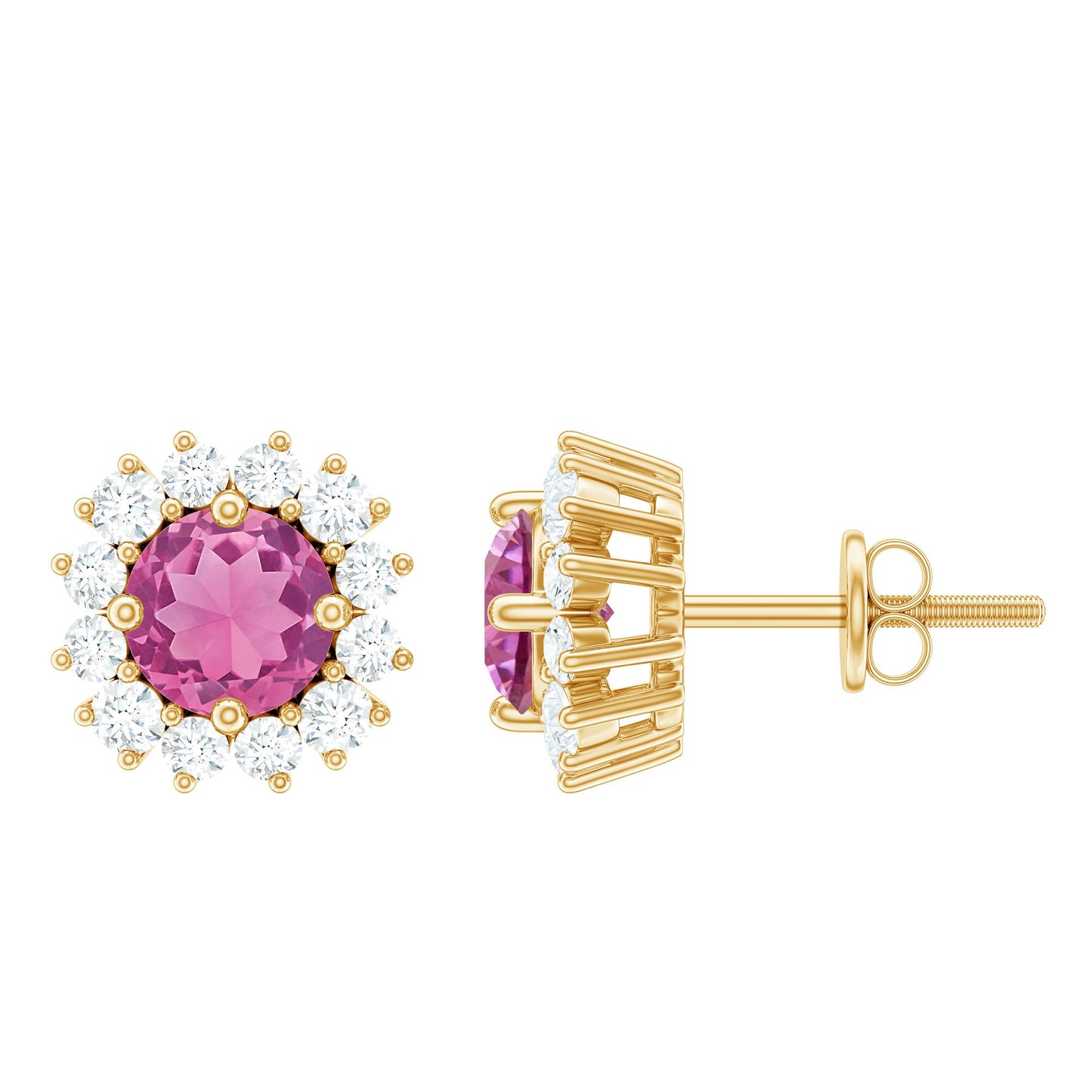 Genuine Pink Tourmaline and Diamond Halo Stud Earrings
