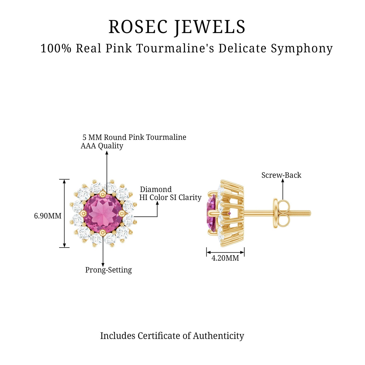 Genuine Pink Tourmaline and Diamond Halo Stud Earrings