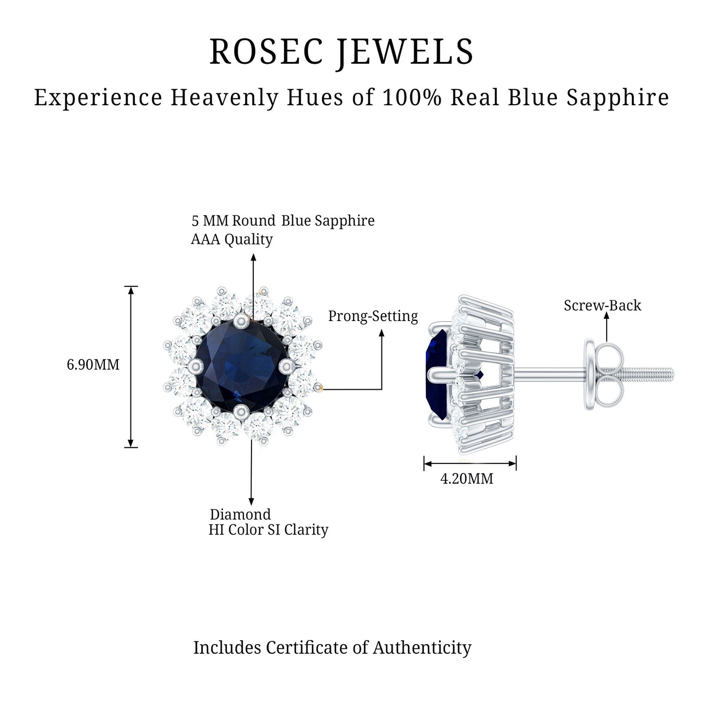 Genuine Blue Sapphire Diamond Earrings with Screw Back