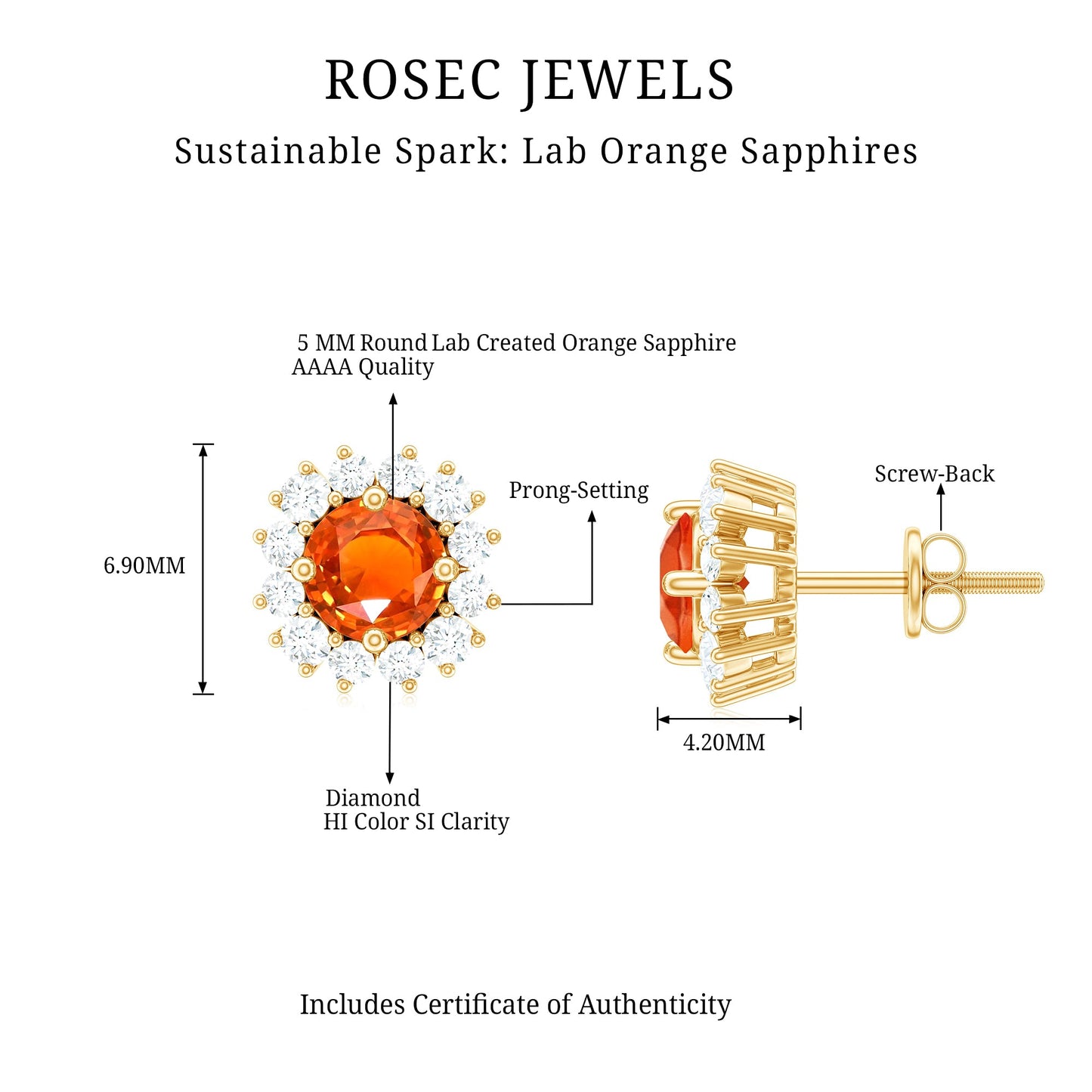 Lab Created Orange Sapphire and Diamond Stud Earrings