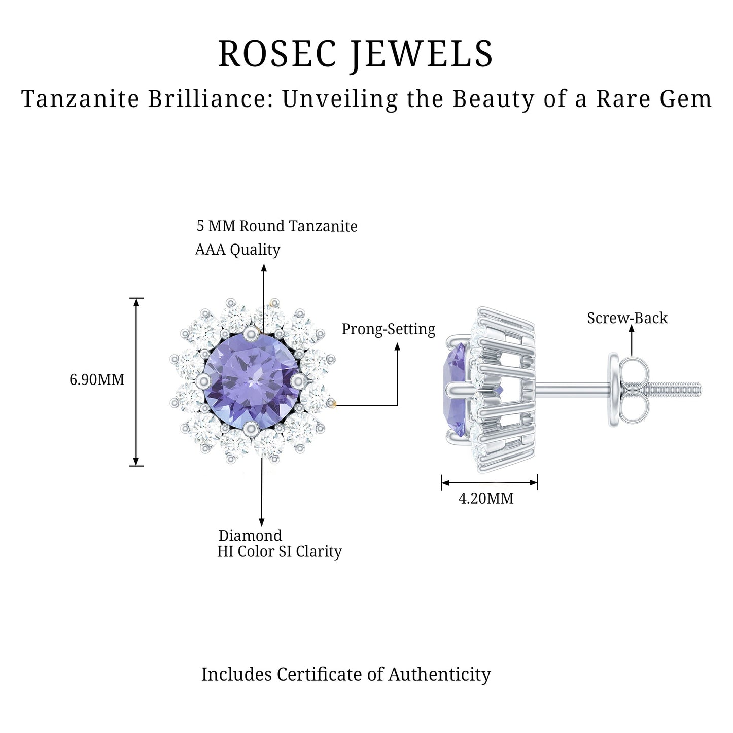 Natural 1 Carat Tanzanite Stud Earrings with Diamond Halo