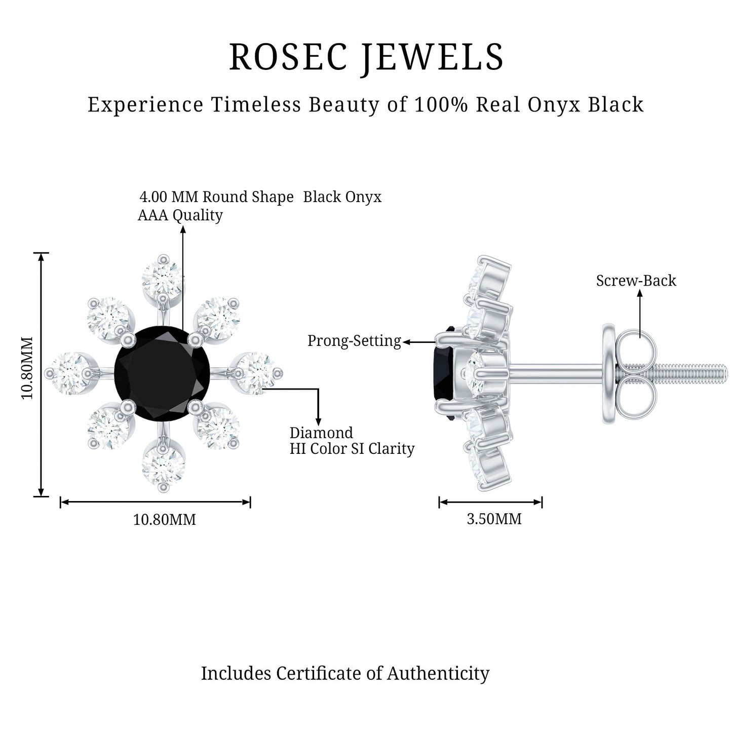 Certified Real Black Onyx Diamond Snowflake Earrings for Christmas