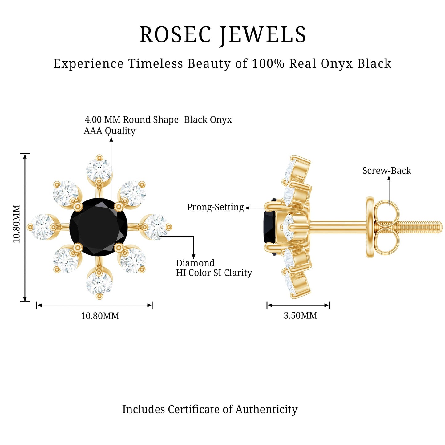 Certified Real Black Onyx Diamond Snowflake Earrings for Christmas