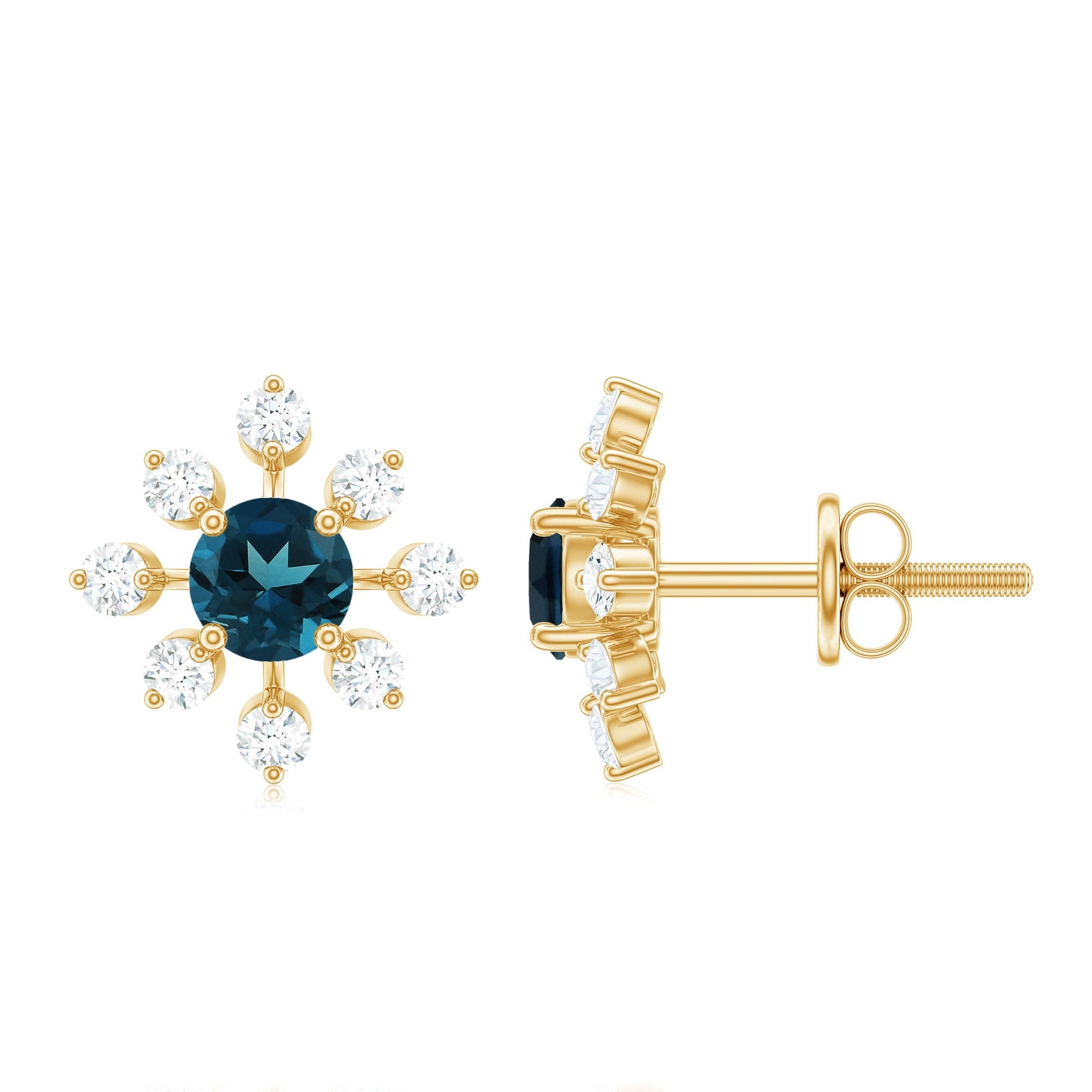 Genuine London Blue Topaz and Diamond Flower Stud Earrings