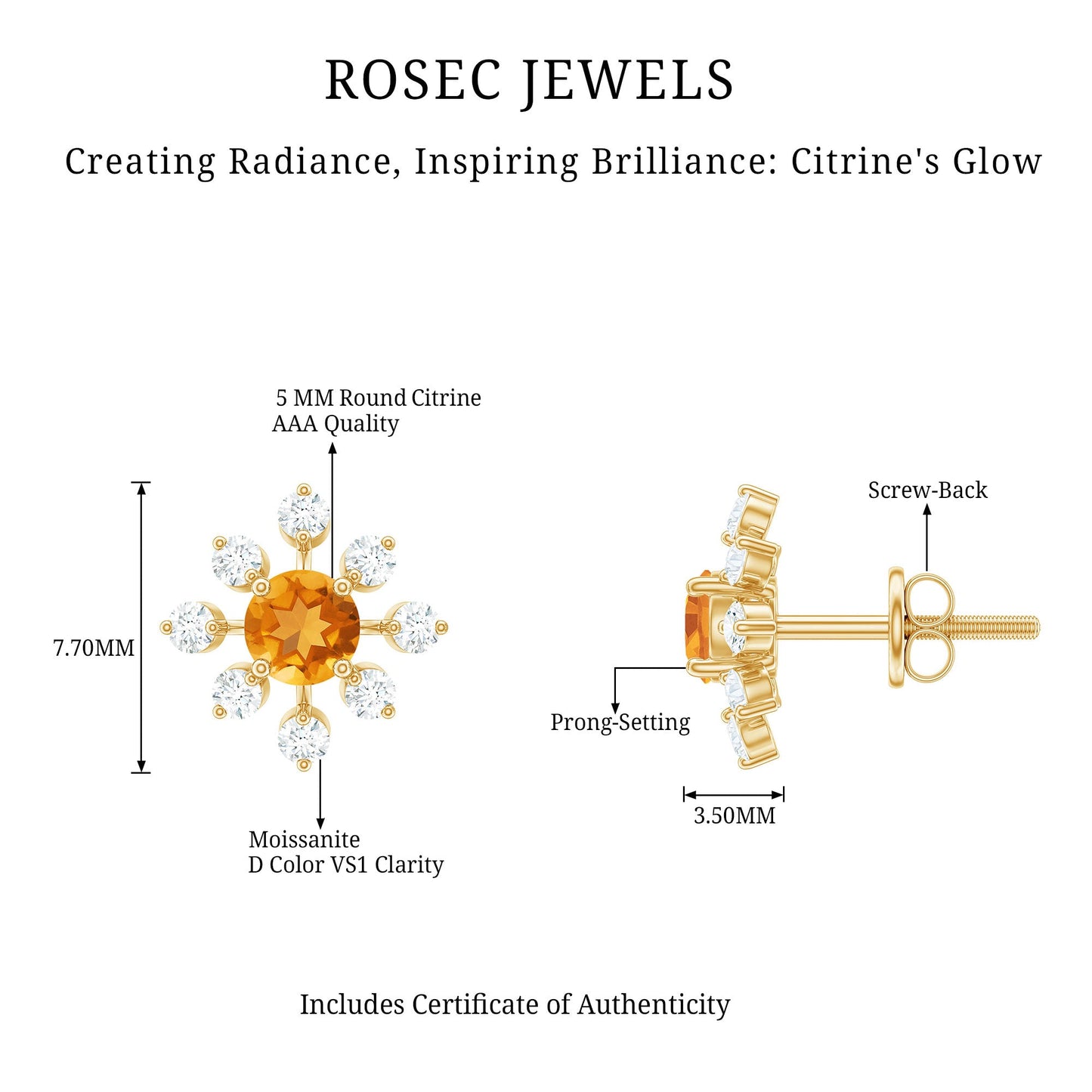 Certified Real Citrine Snowflake Earrings with Moissanite
