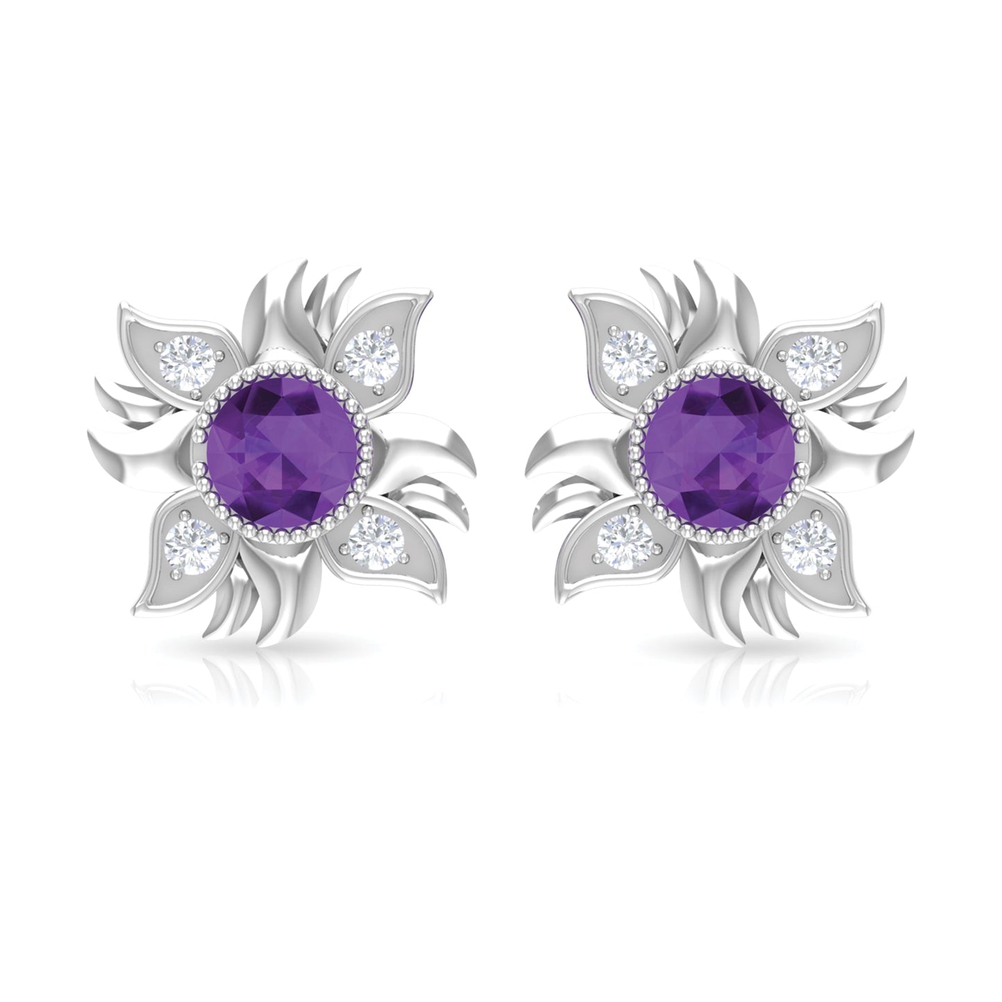 1/2 CT Round Shape Amethyst and Diamond Sunburst Stud Earrings