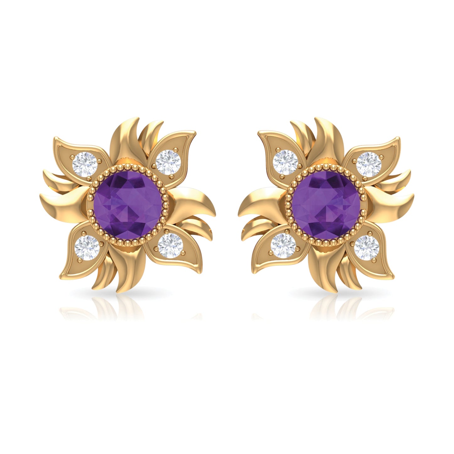 1/2 CT Round Shape Amethyst and Diamond Sunburst Stud Earrings