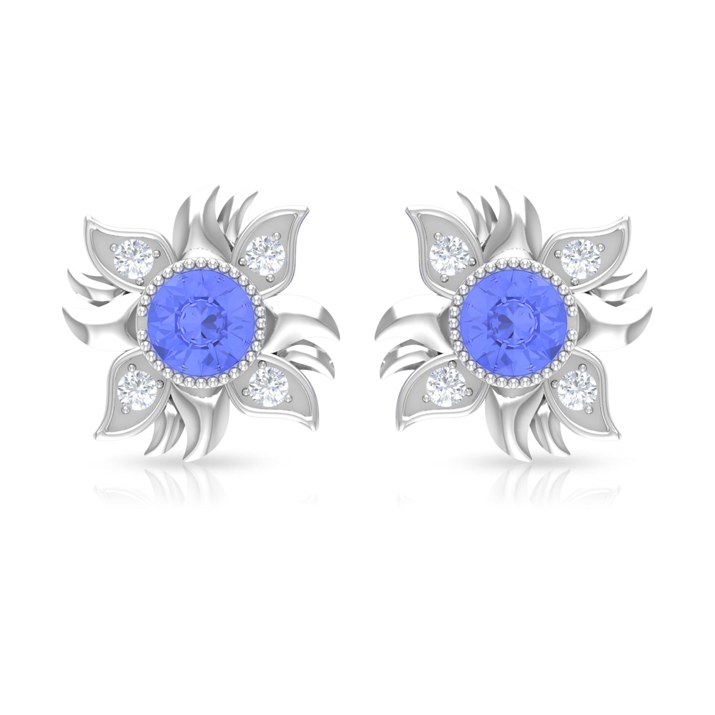 Round Shape Tanzanite and Diamond Sunburst Stud Earrings