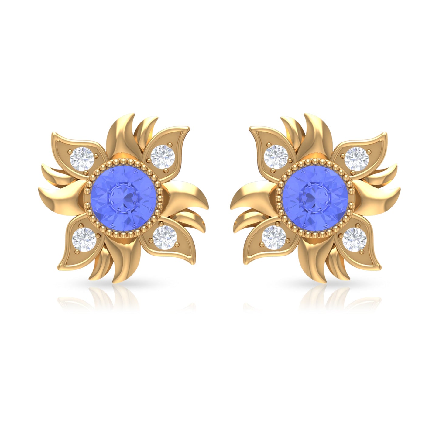 Round Shape Tanzanite and Diamond Sunburst Stud Earrings