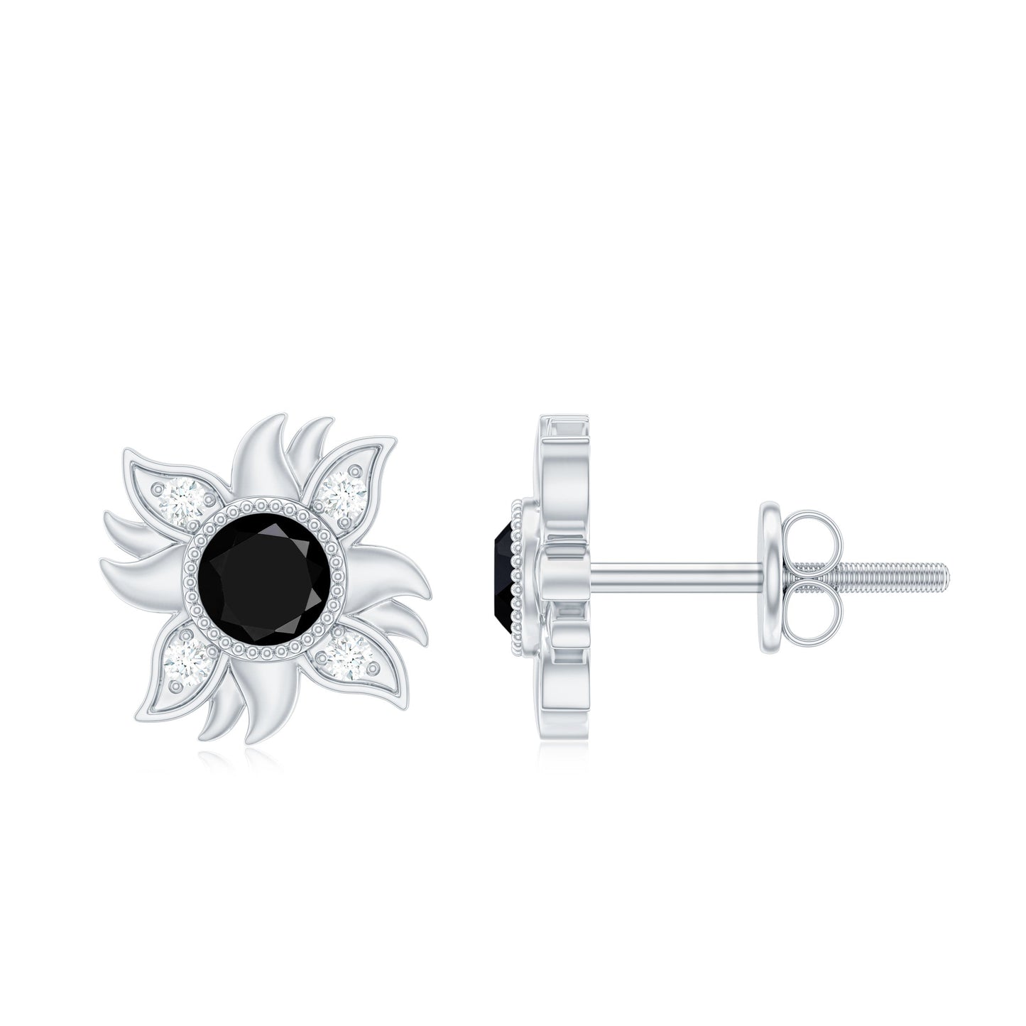 1/2 CT Round Shape Black Onyx and Diamond Sunburst Stud Earrings