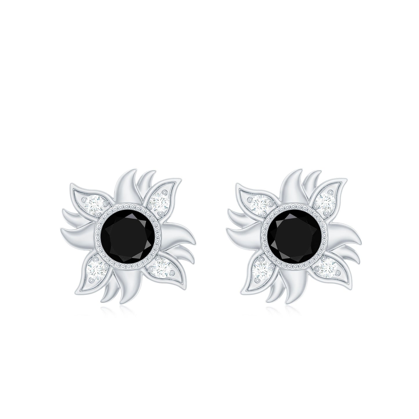 1/2 CT Round Shape Black Onyx and Diamond Sunburst Stud Earrings