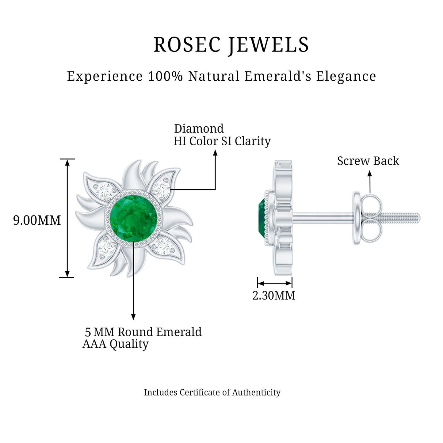 1 Carat Round Emerald and Diamond Sunburst Stud Earrings