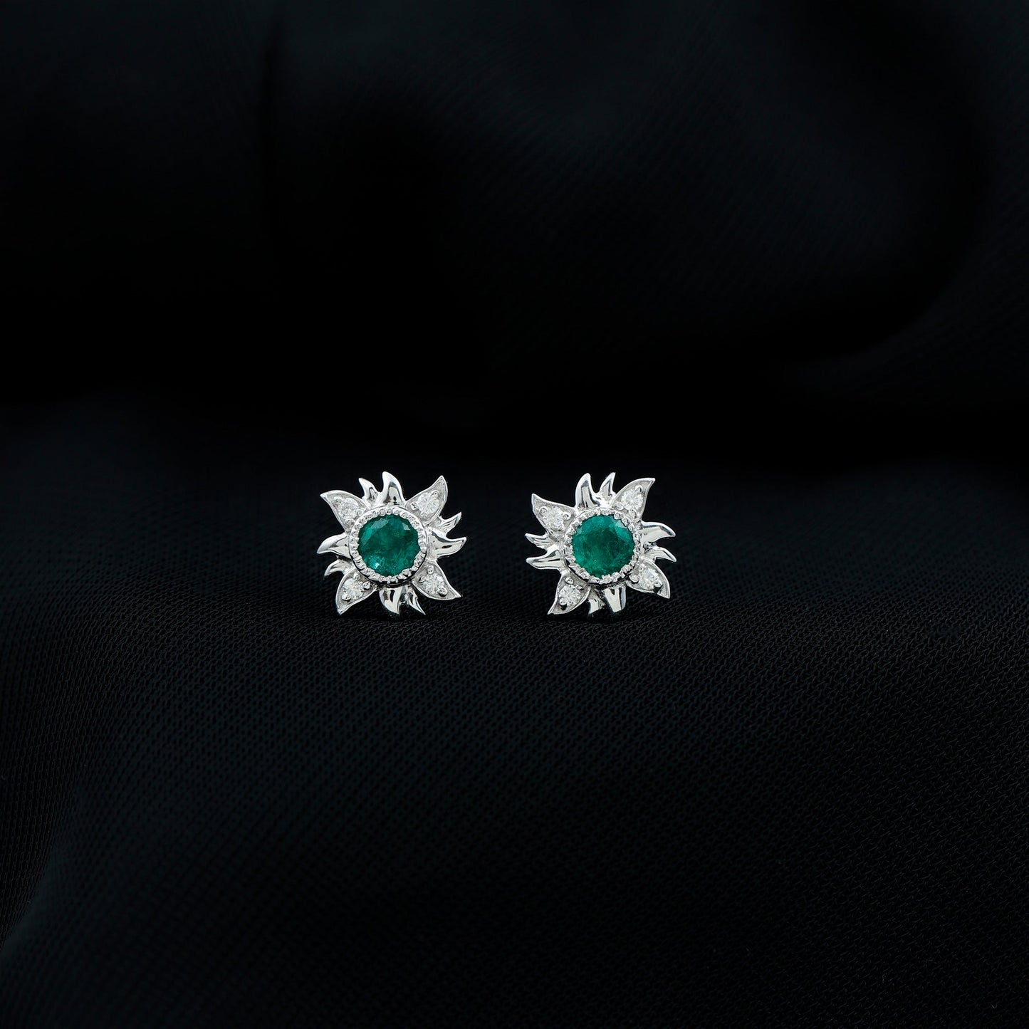 1 Carat Round Emerald and Diamond Sunburst Stud Earrings