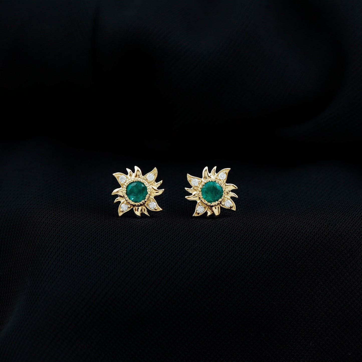 1 Carat Round Emerald and Diamond Sunburst Stud Earrings
