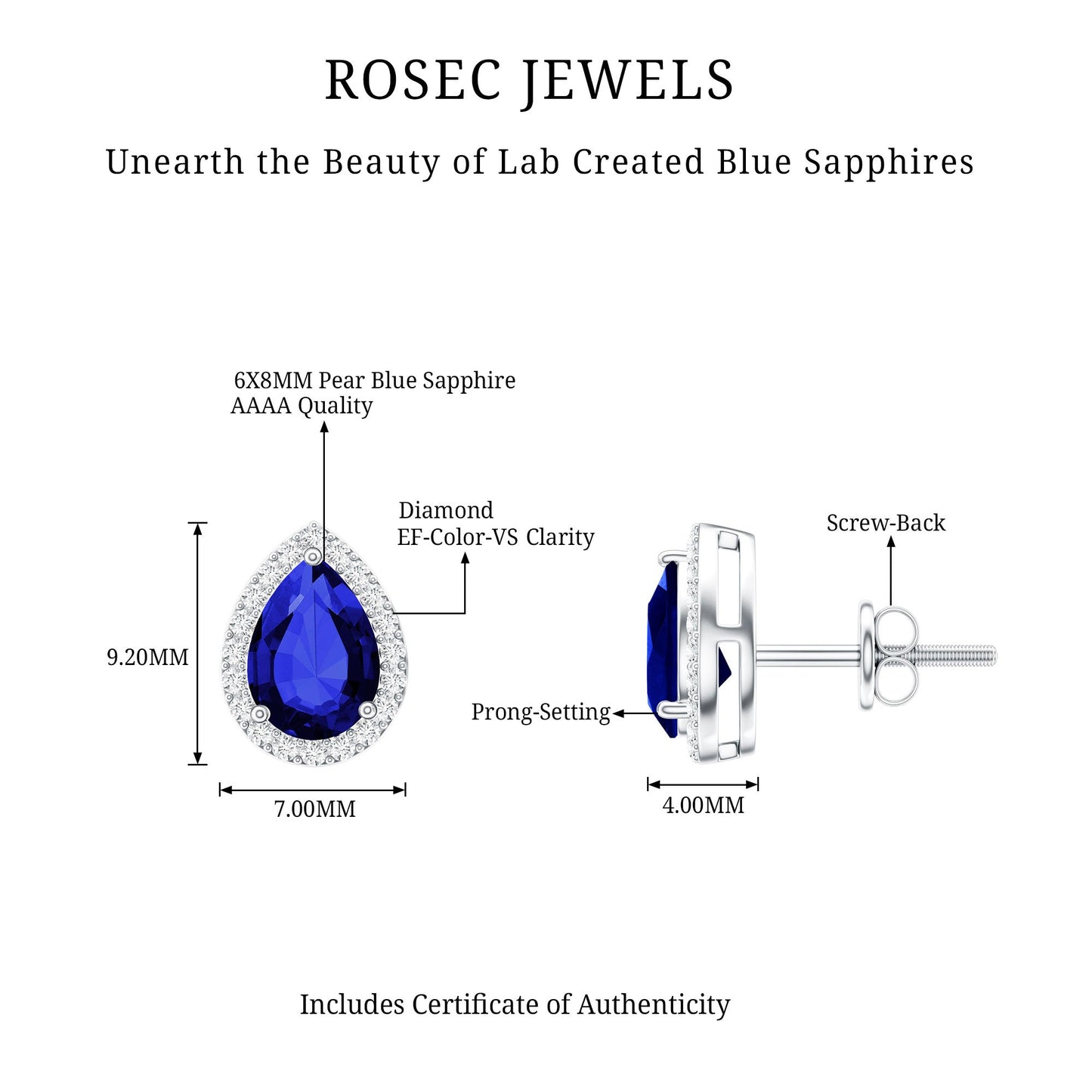 Lab Grown Blue Sapphire Stud Earrings With Moissanite Halo