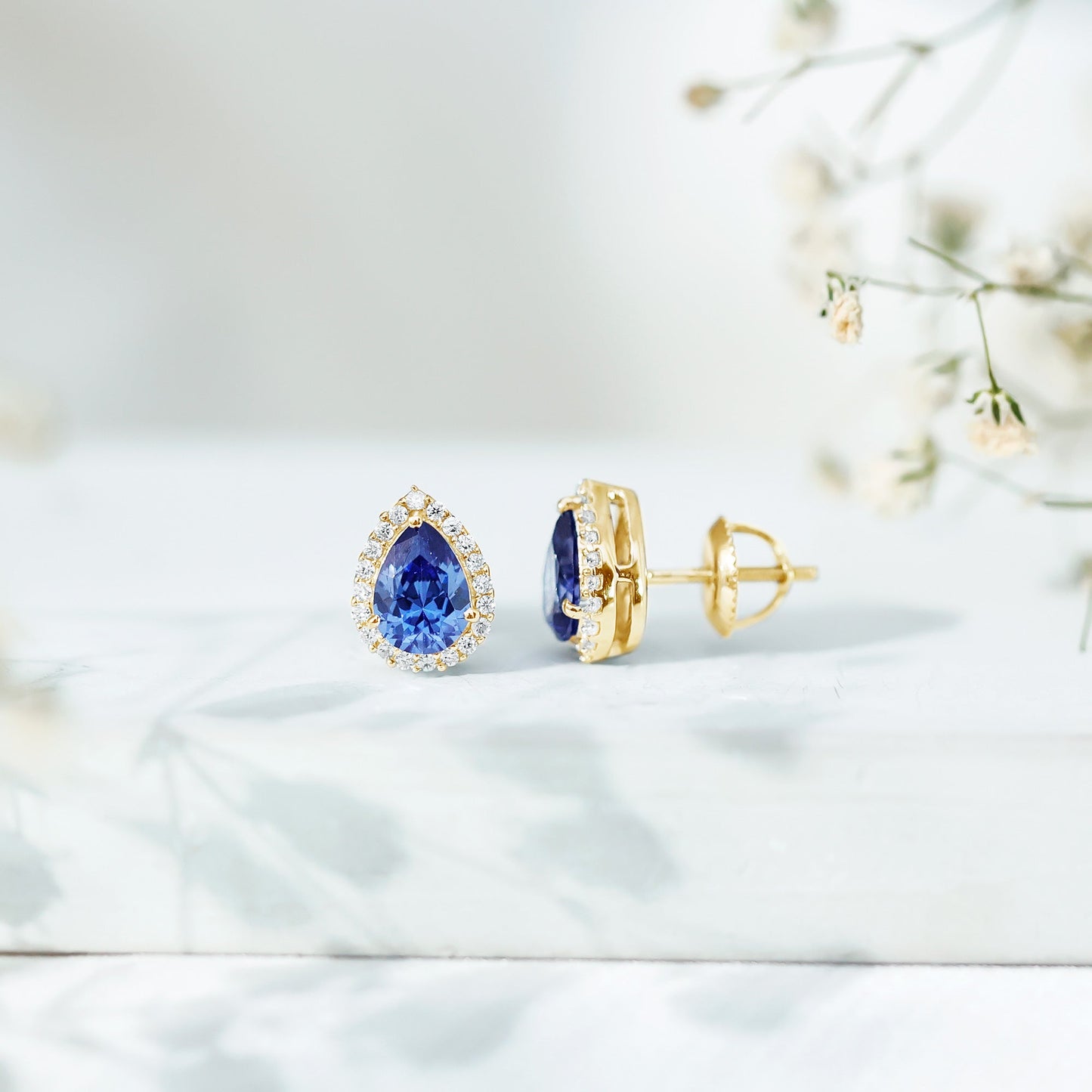 Lab Grown Blue Sapphire Stud Earrings With Moissanite Halo