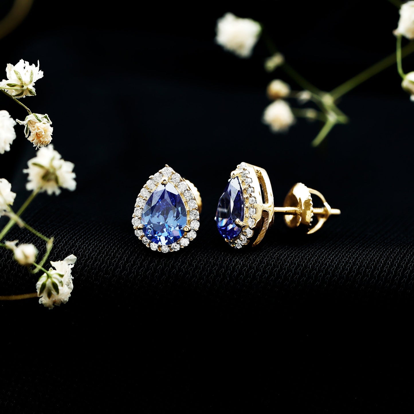 Lab Grown Blue Sapphire Stud Earrings With Moissanite Halo