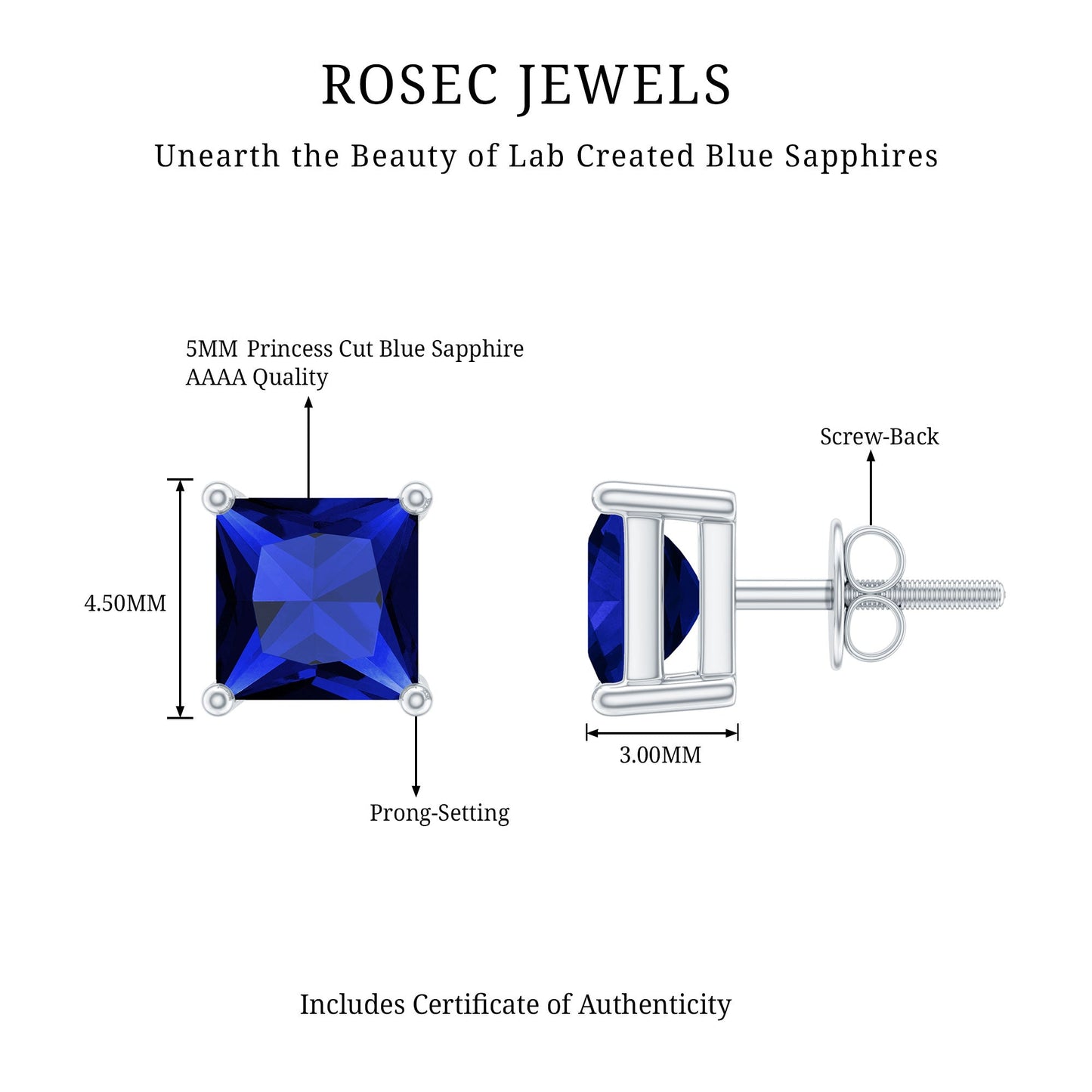 1.5 CT Princess Cut Lab Created Blue Sapphire Solitaire Stud Earrings