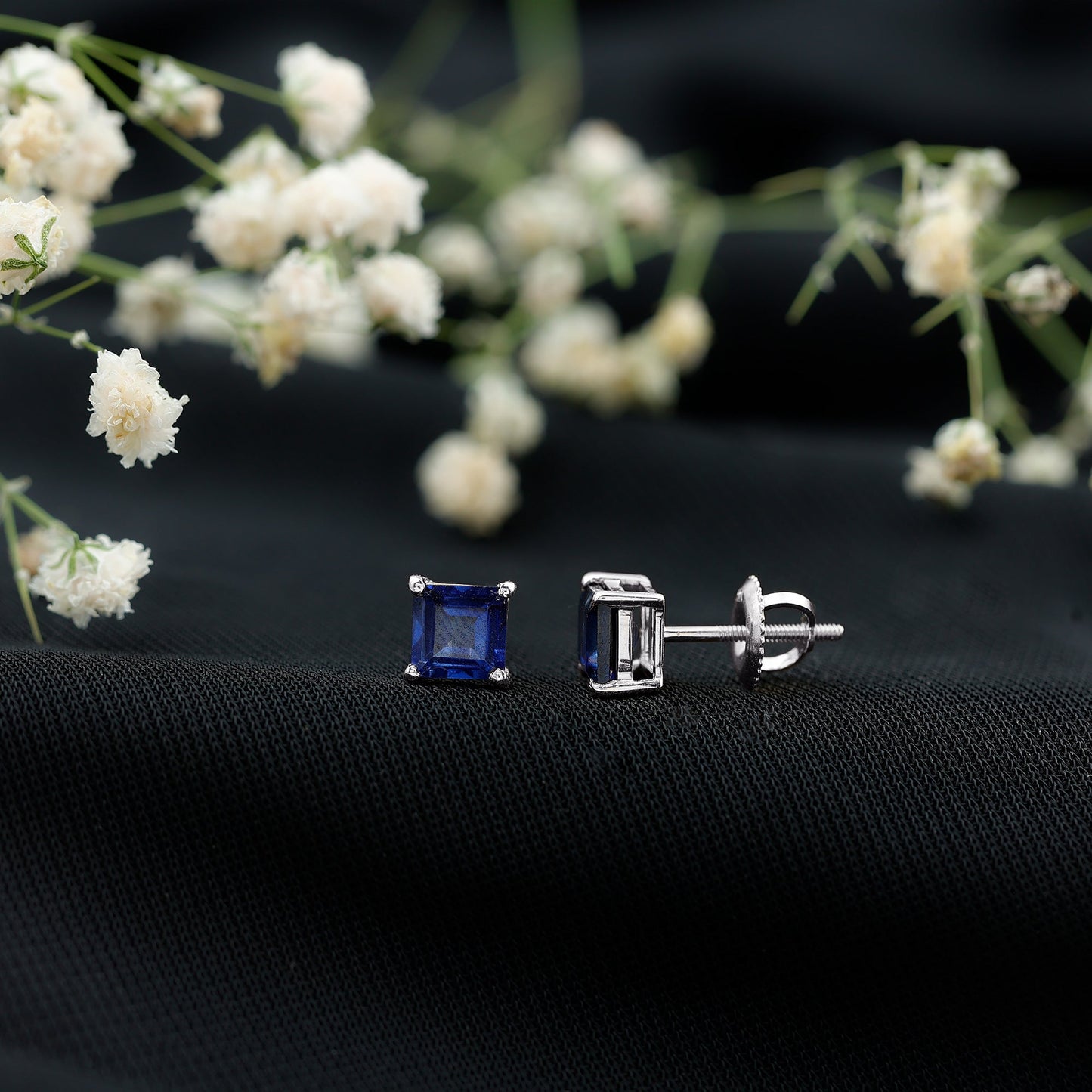 1.5 CT Princess Cut Lab Created Blue Sapphire Solitaire Stud Earrings