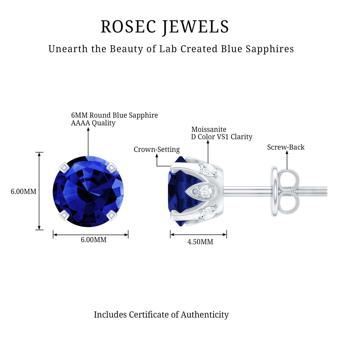 Lab Grown Blue Sapphire Vintage Stud Earrings with Certificate