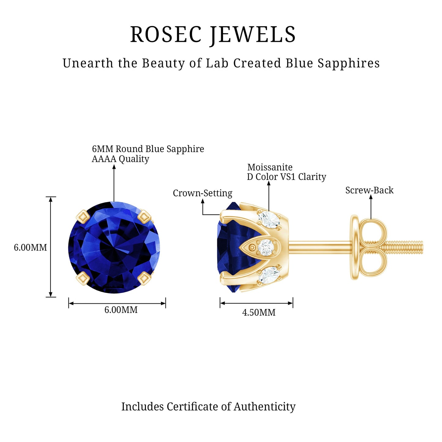 Lab Grown Blue Sapphire Vintage Stud Earrings with Certificate