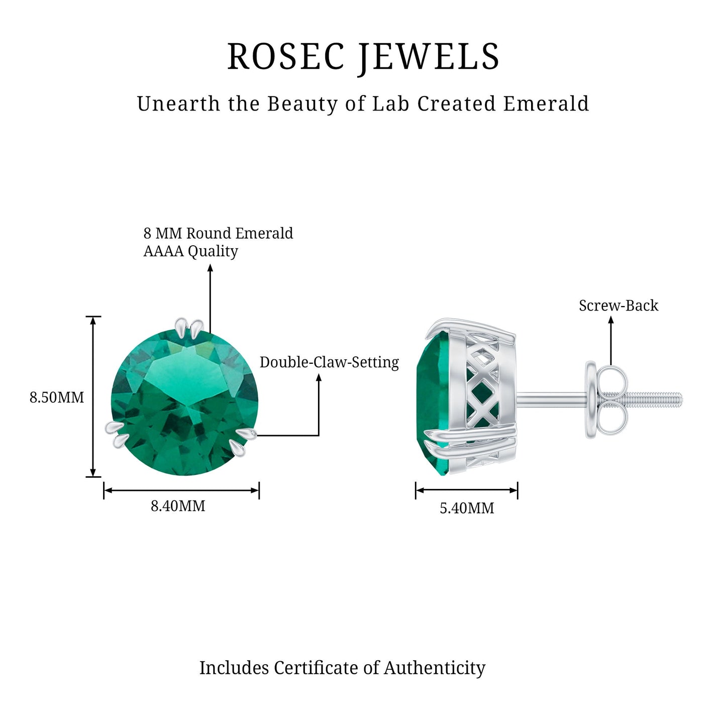 8 MM Created Emerald Solitaire Stud Earrings in Double Claw Setting