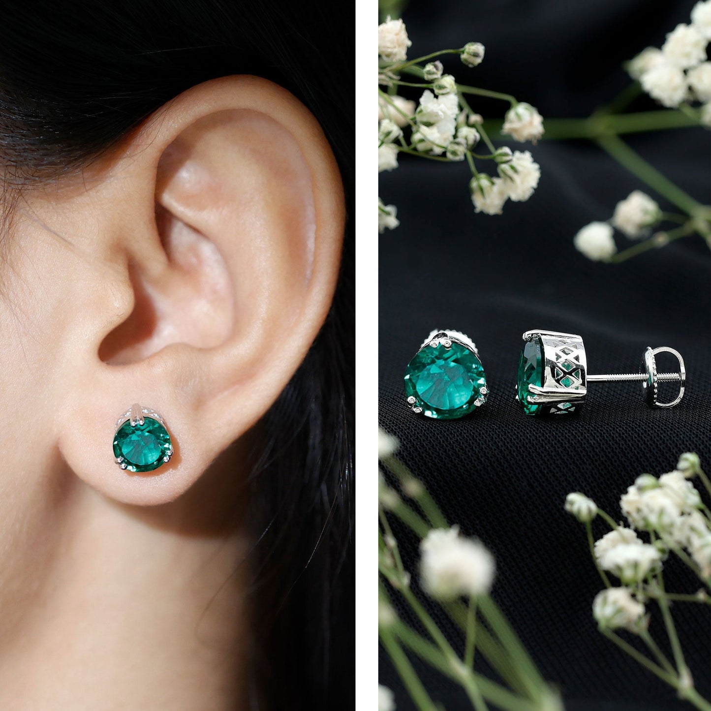 8 MM Created Emerald Solitaire Stud Earrings in Double Claw Setting