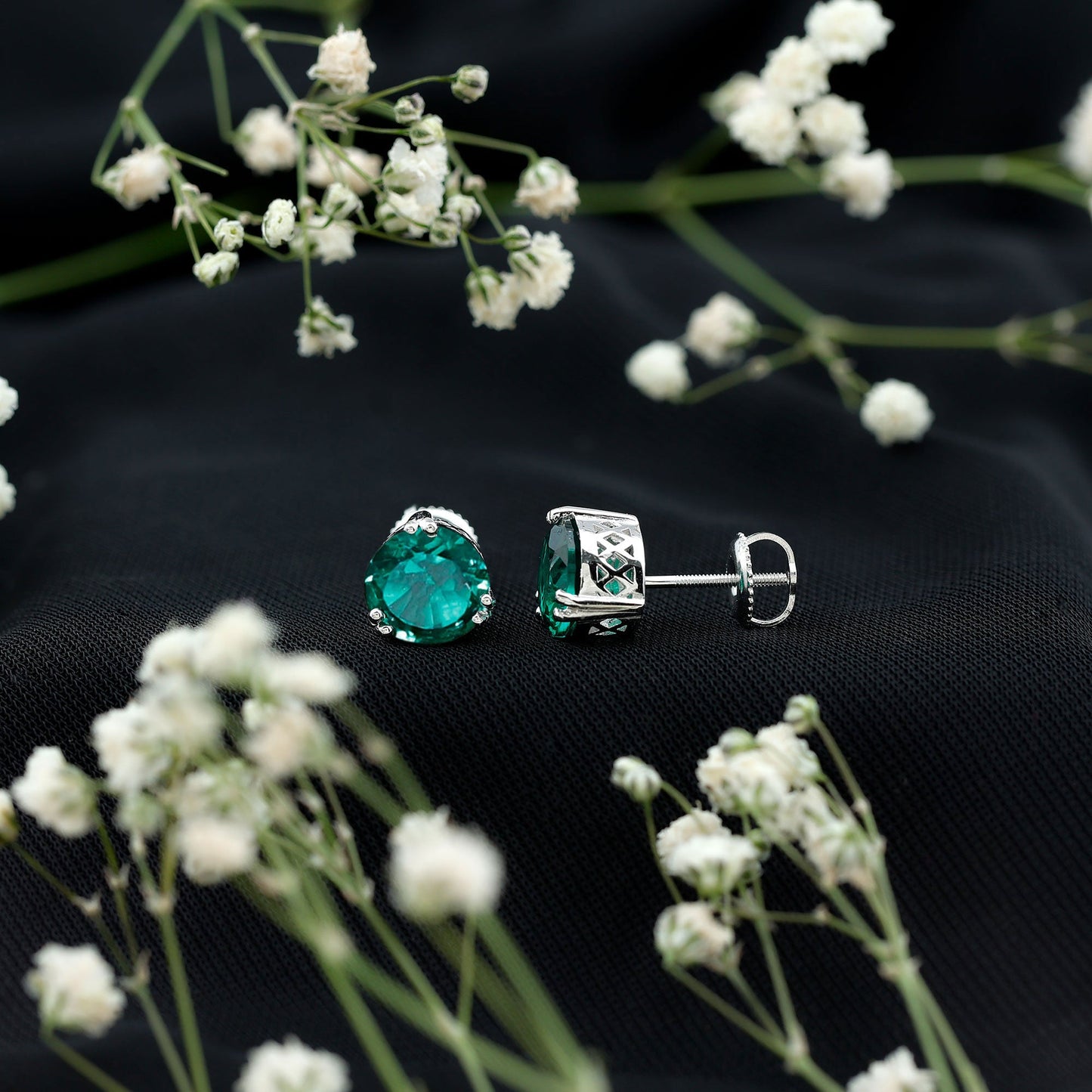 8 MM Created Emerald Solitaire Stud Earrings in Double Claw Setting