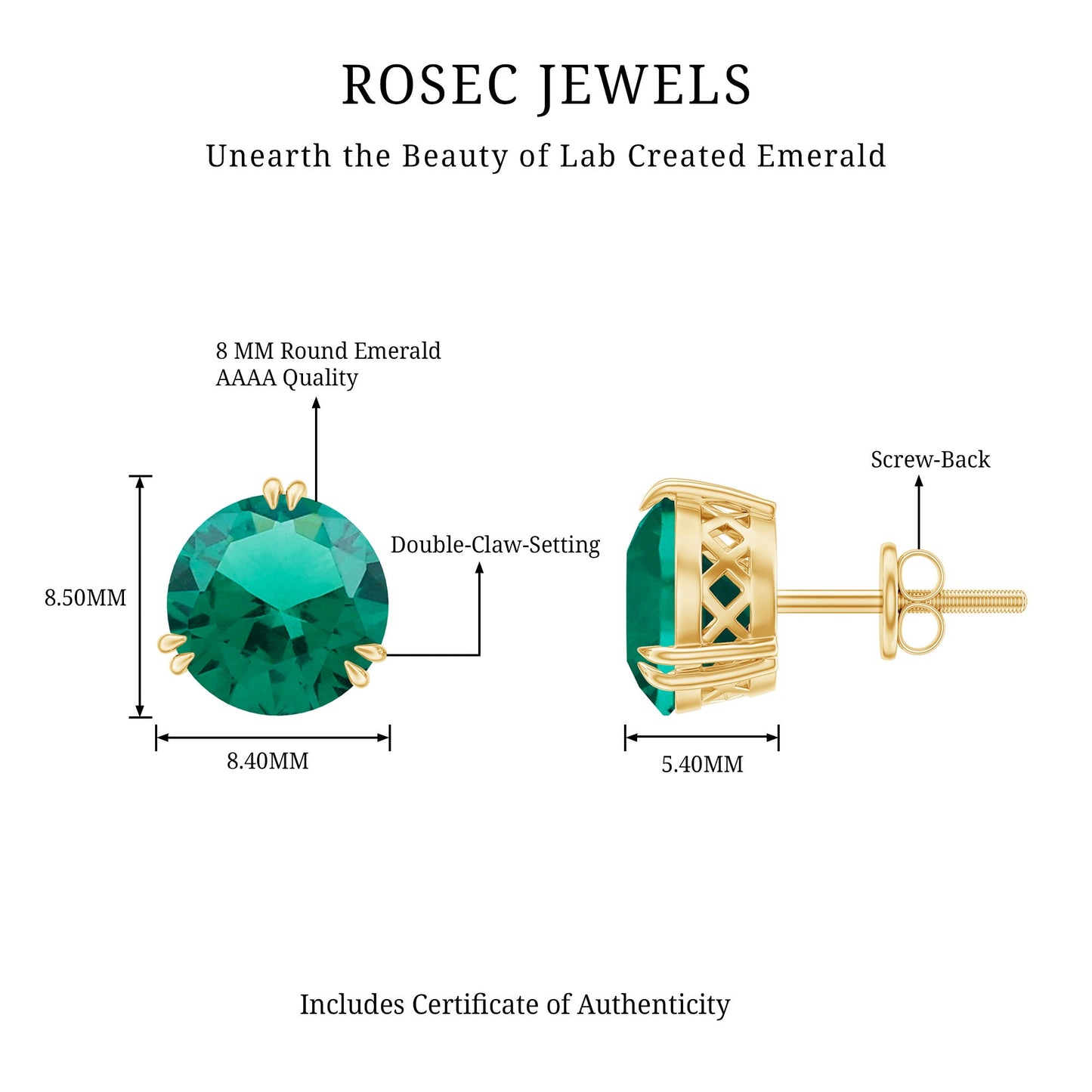 8 MM Created Emerald Solitaire Stud Earrings in Double Claw Setting