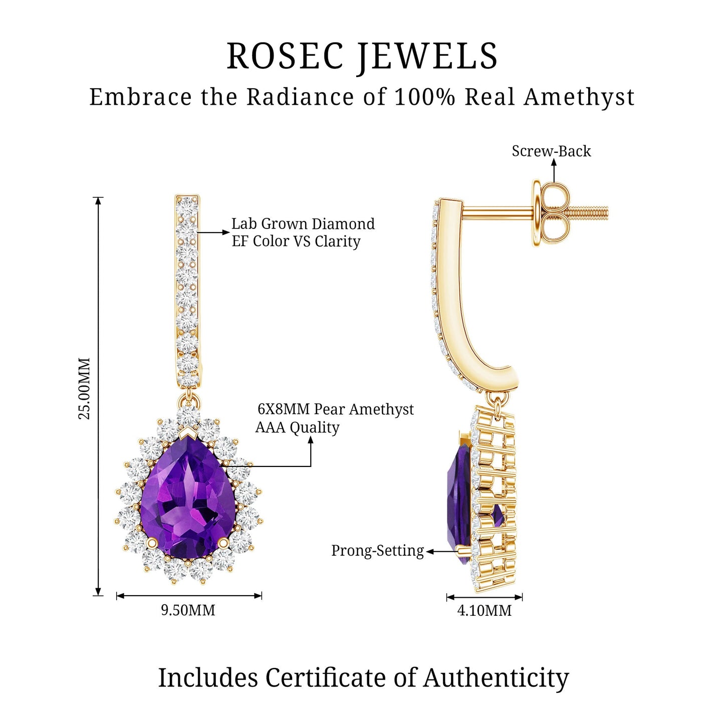 Natural Amethyst Bridal Earrings with Moissanite Halo