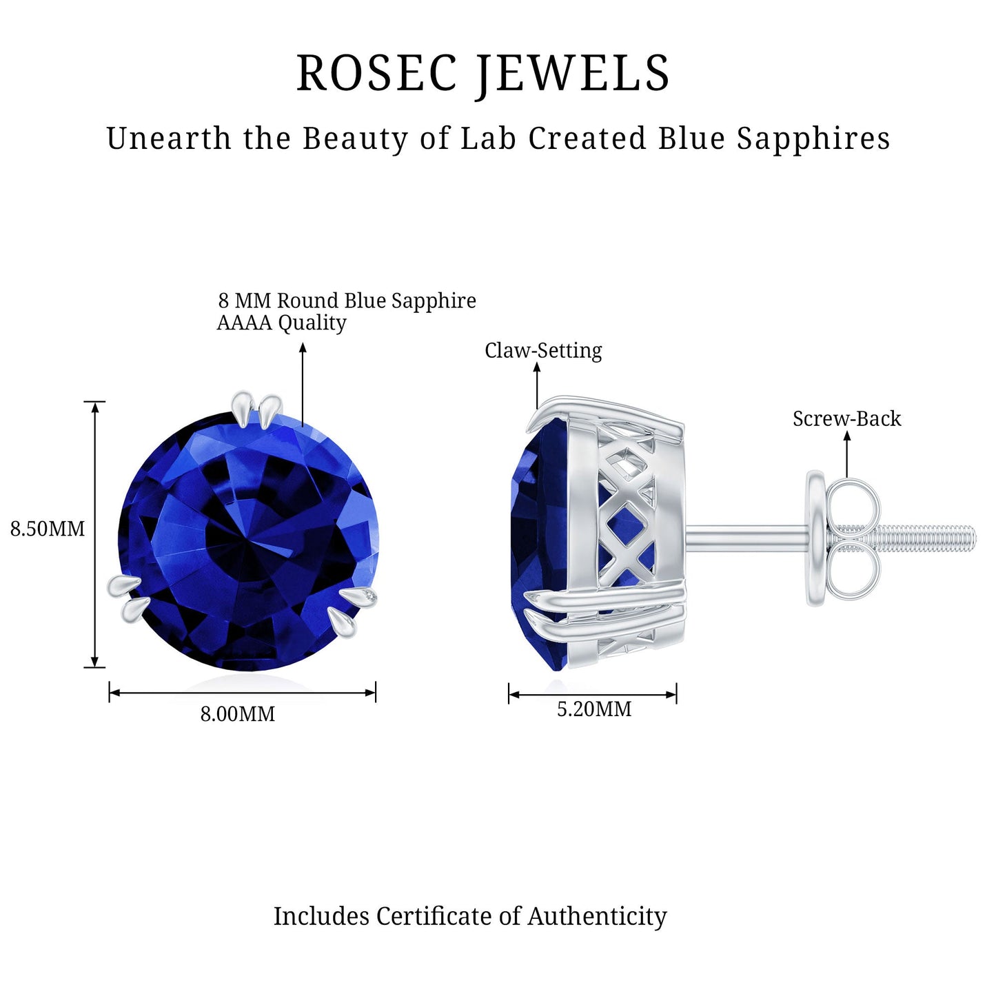 5 Carat Lab Created Blue Sapphire Solitaire Stud Earrings