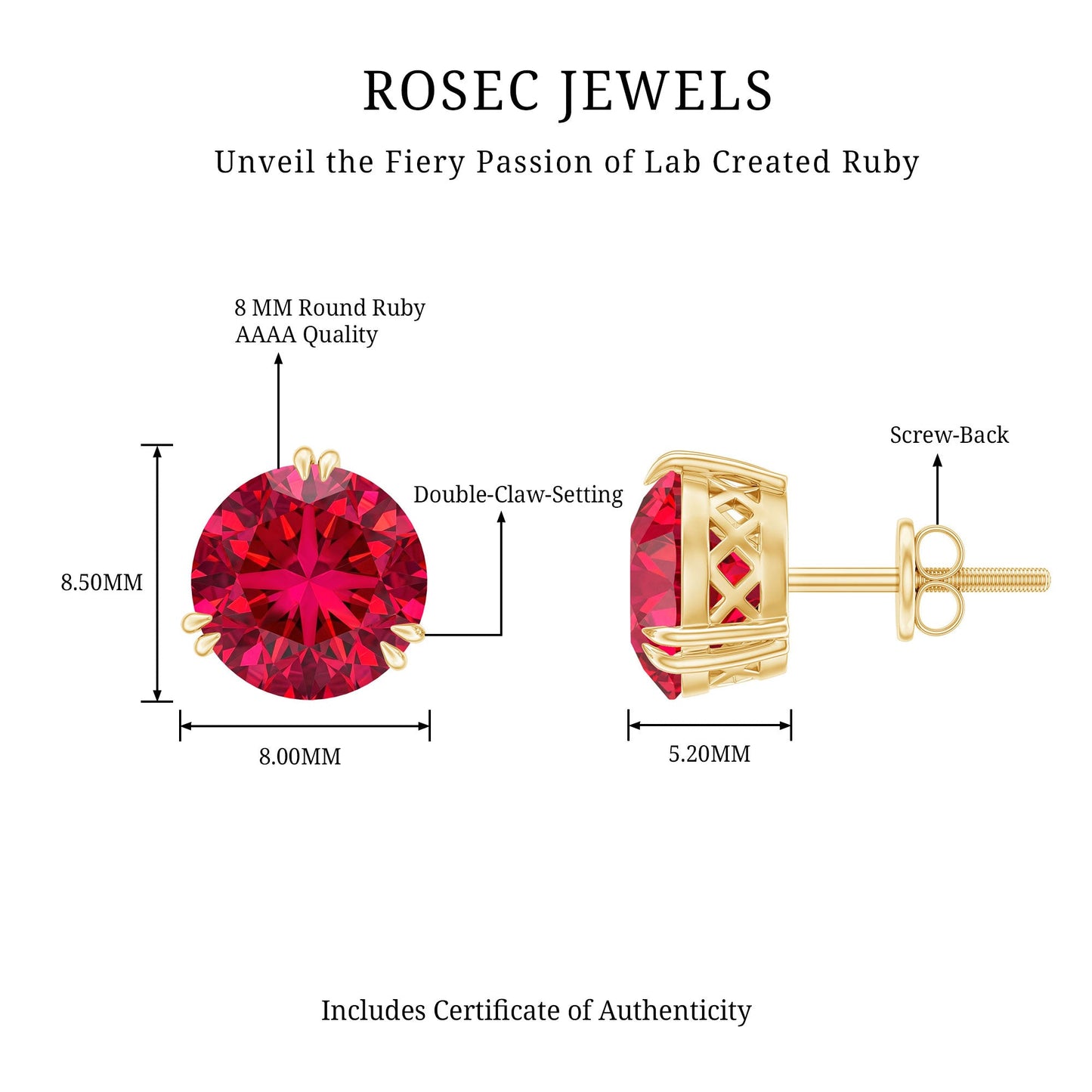 8MM Lab Created Ruby Solitaire Stud Earrings for Women