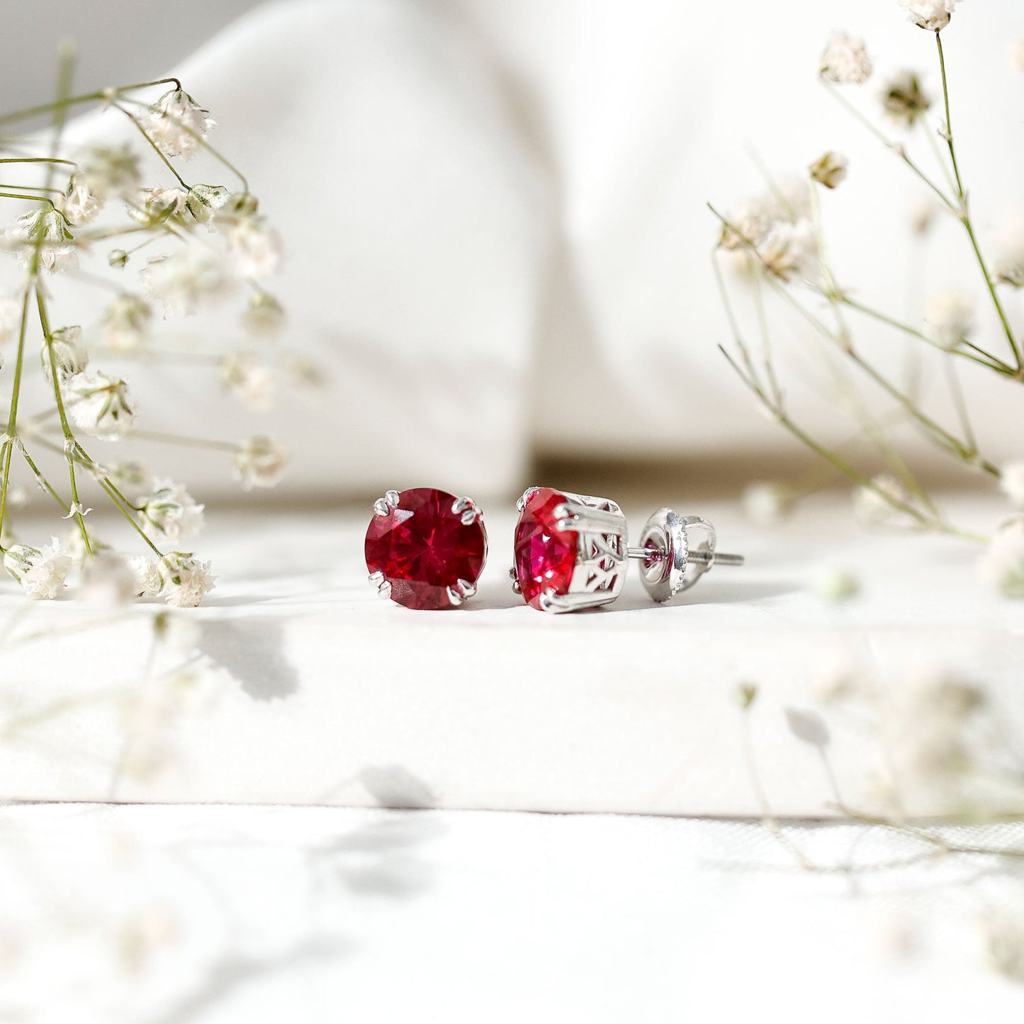 Lab Created Ruby Stud Earring in Double Claw Prong Setting