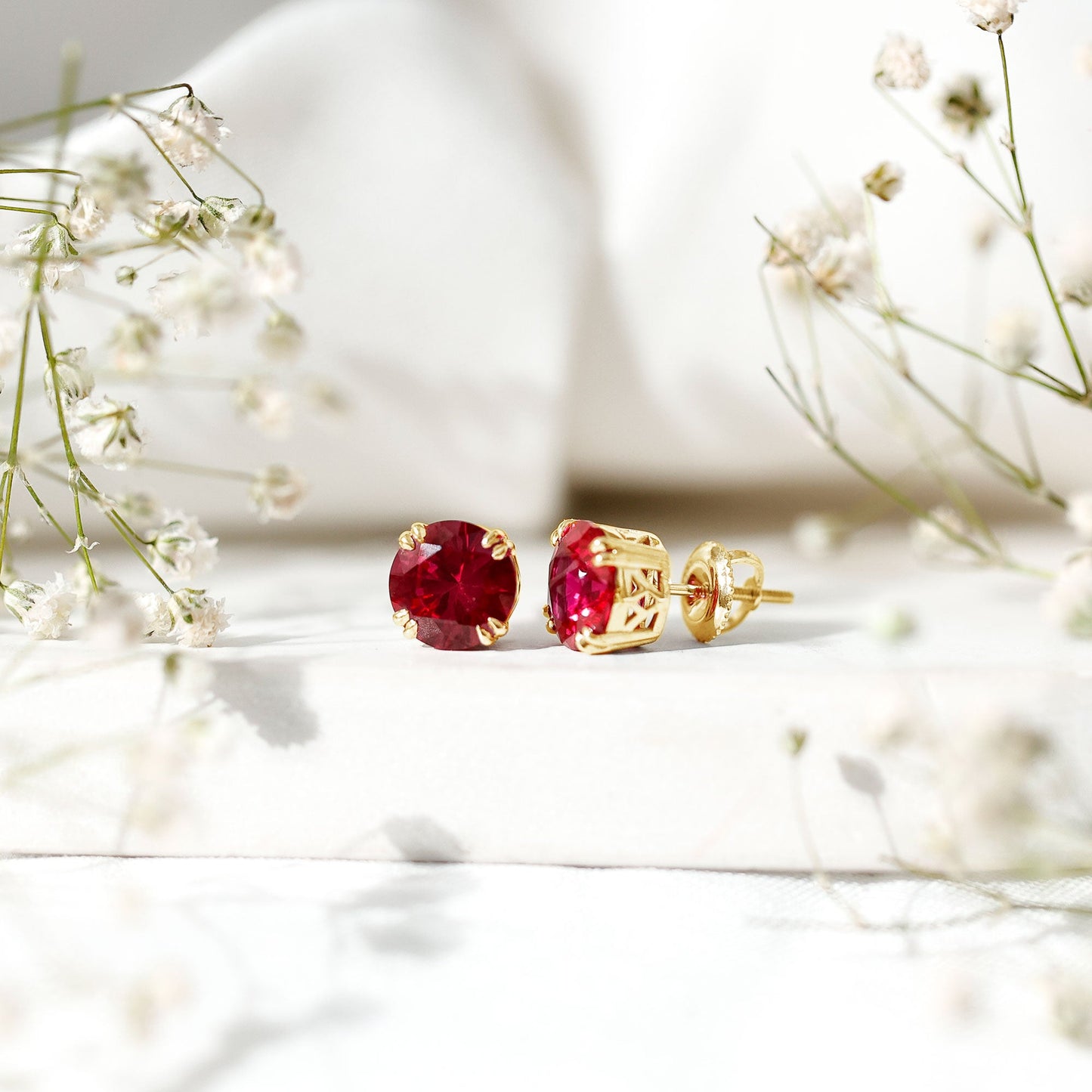 Lab Created Ruby Stud Earring in Double Claw Prong Setting