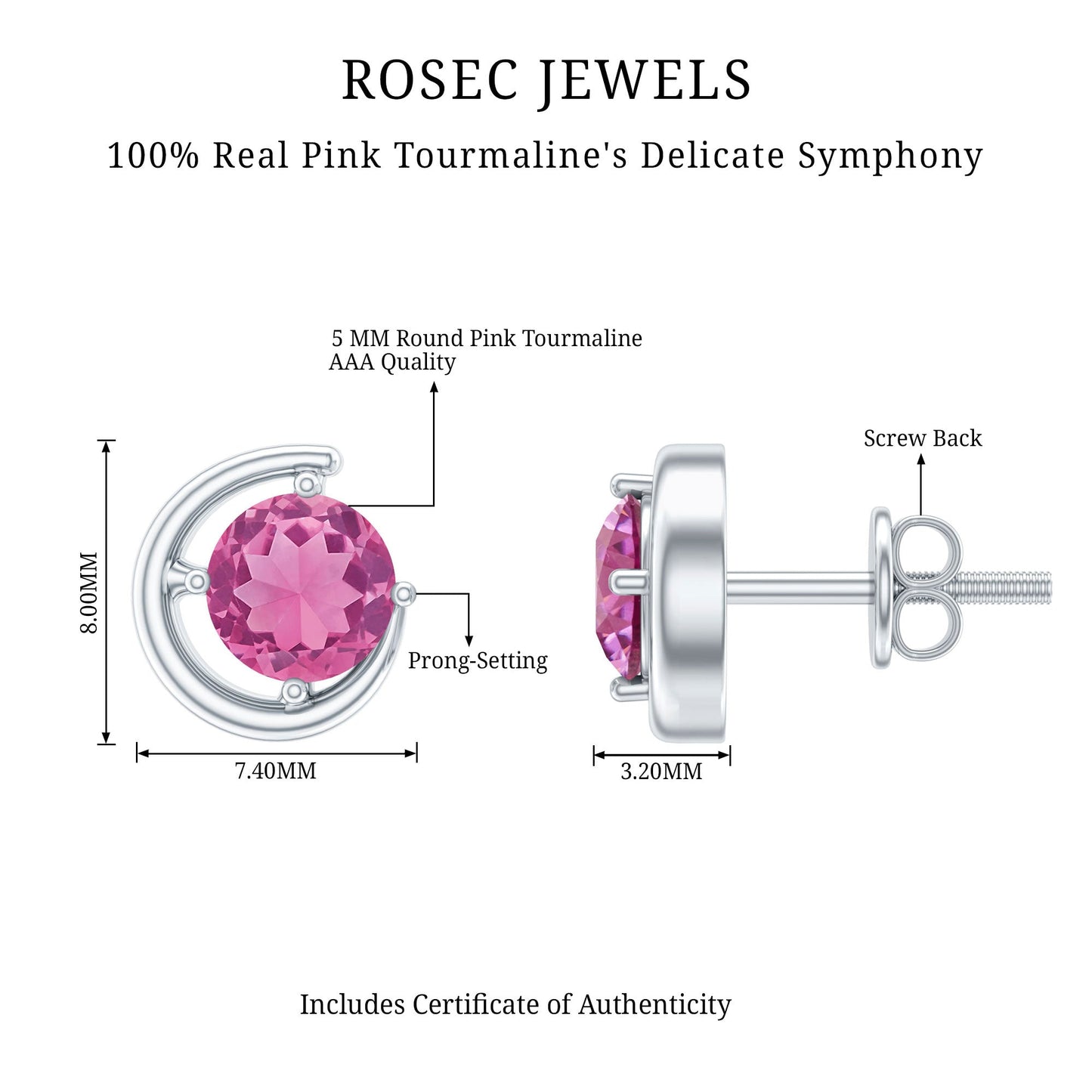 Genuine 1 Carat Pink Tourmaline Solitaire Stud Earrings