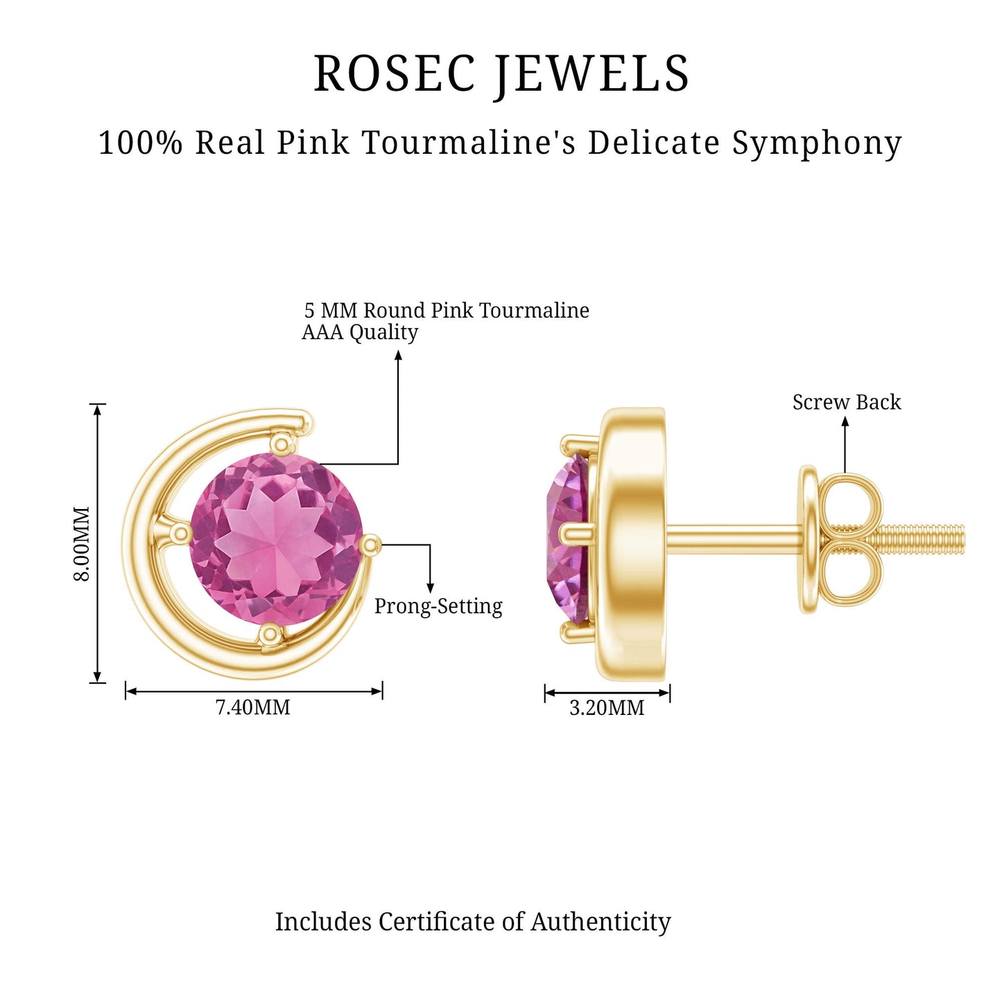 Genuine 1 Carat Pink Tourmaline Solitaire Stud Earrings