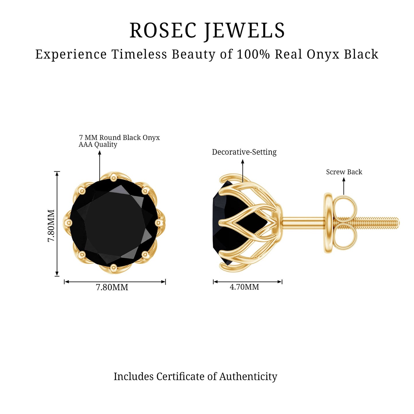 Natural 7mm Black Onyx Earrings with Screw Back