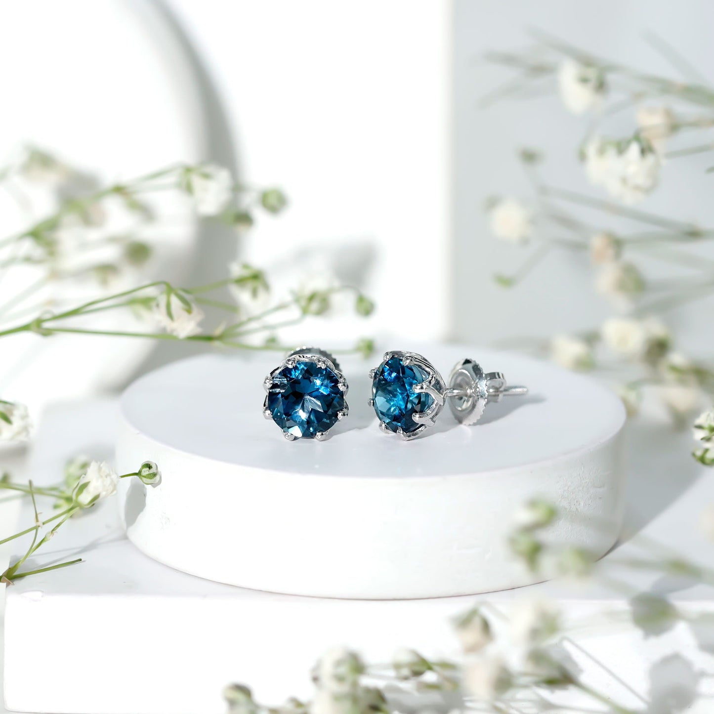 Genuine 7MM London Blue Topaz Solitaire Stud Earrings With Certificate