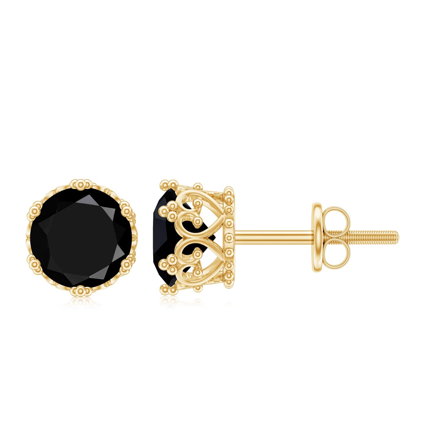 Genuine Black Onyx Crown Stud Earrings with Screw Back