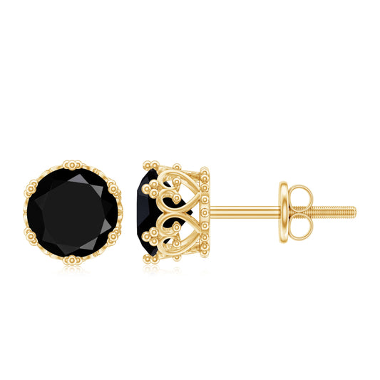 Genuine Black Onyx Crown Stud Earrings with Screw Back