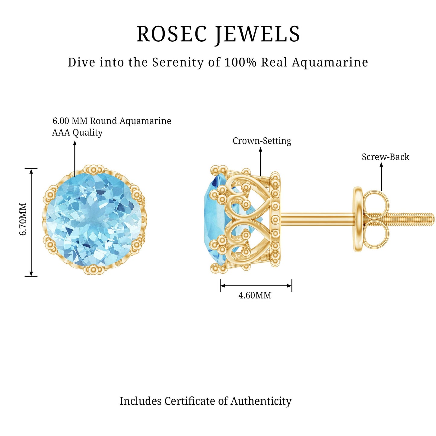 1.5 Carat Genuine Aquamarine Crown Stud Earrings